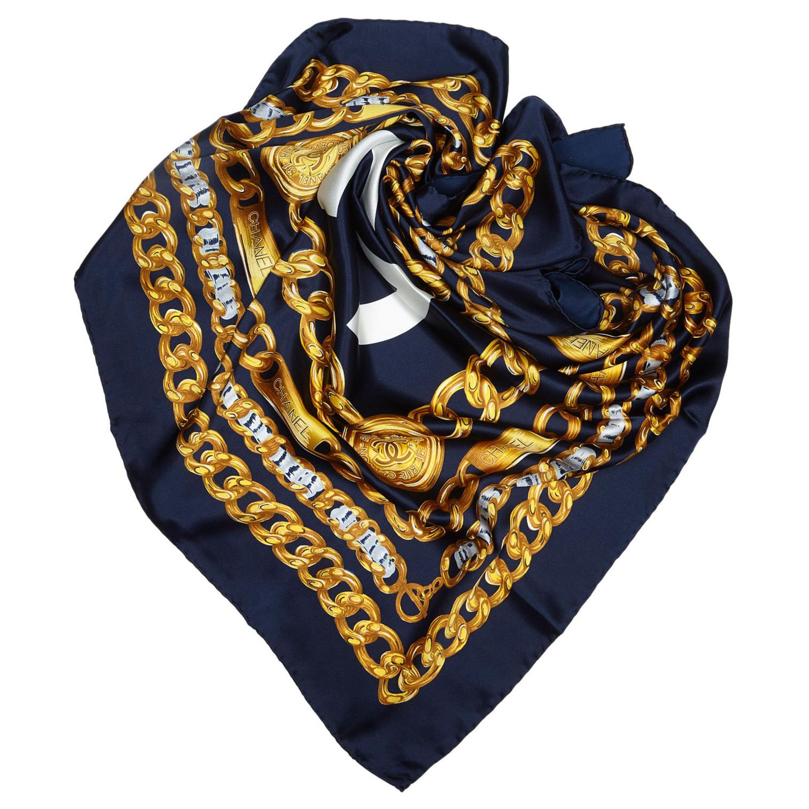 New Chanel Navy Iconic Design Silk Scarf at 1stDibs