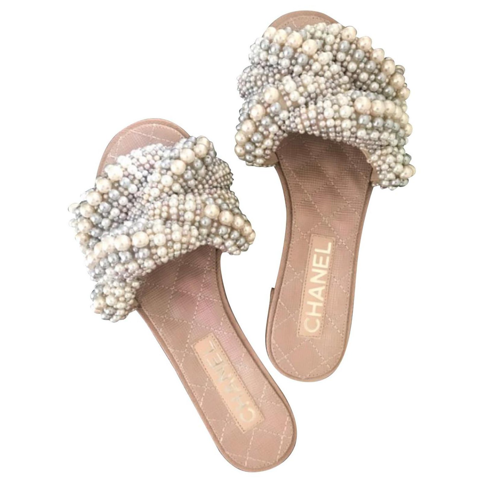 Chanel Pearl Slides sandales pantoufles EU 35.5 Cuir Beige ref.125260 ...