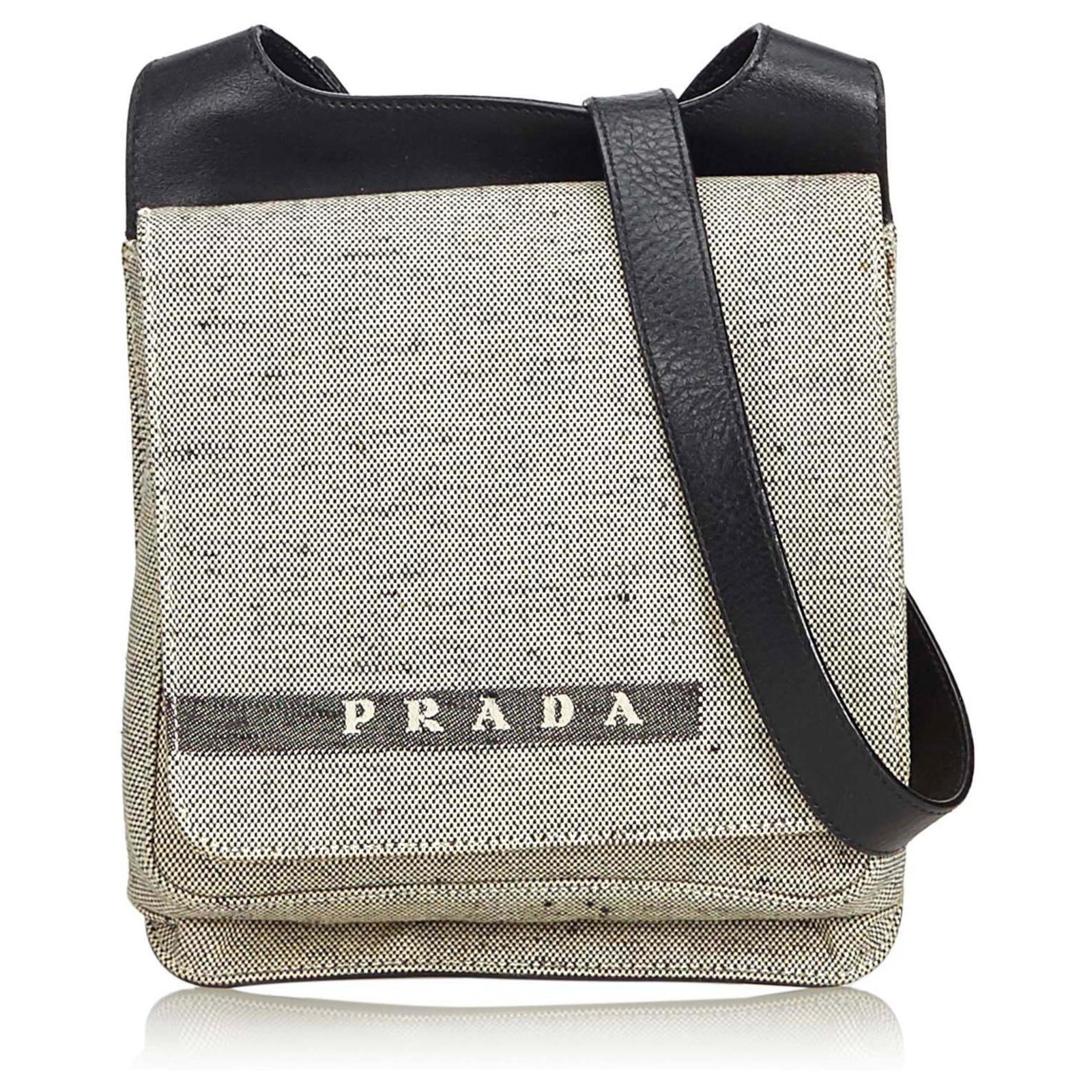 Prada White Canvas Crossbody Bag Black Cream Leather Cloth Cloth   - Joli Closet