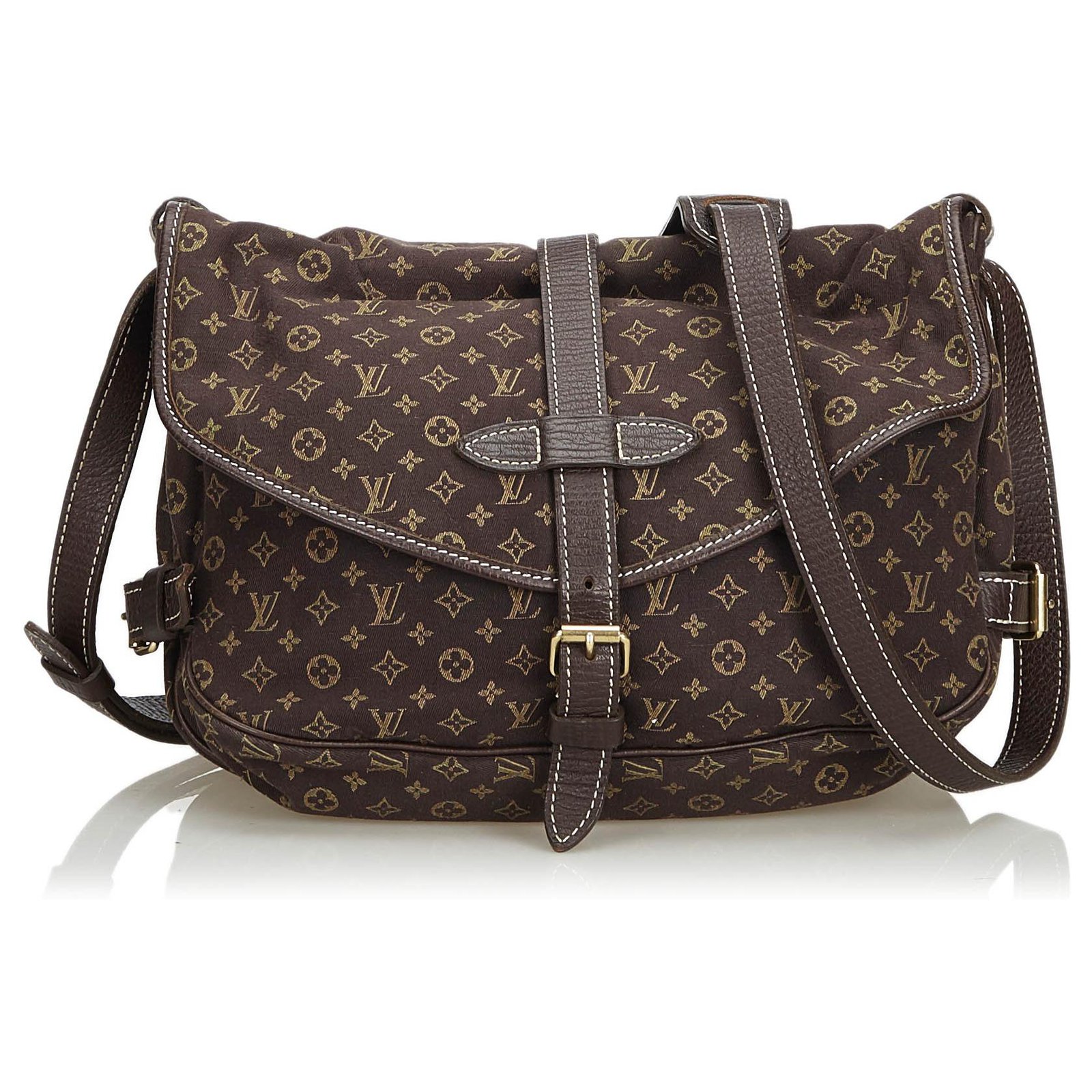 Louis Vuitton Brown Monogram Mini Lin Saumur Dark brown Leather Cloth Cloth  ref.131377 - Joli Closet