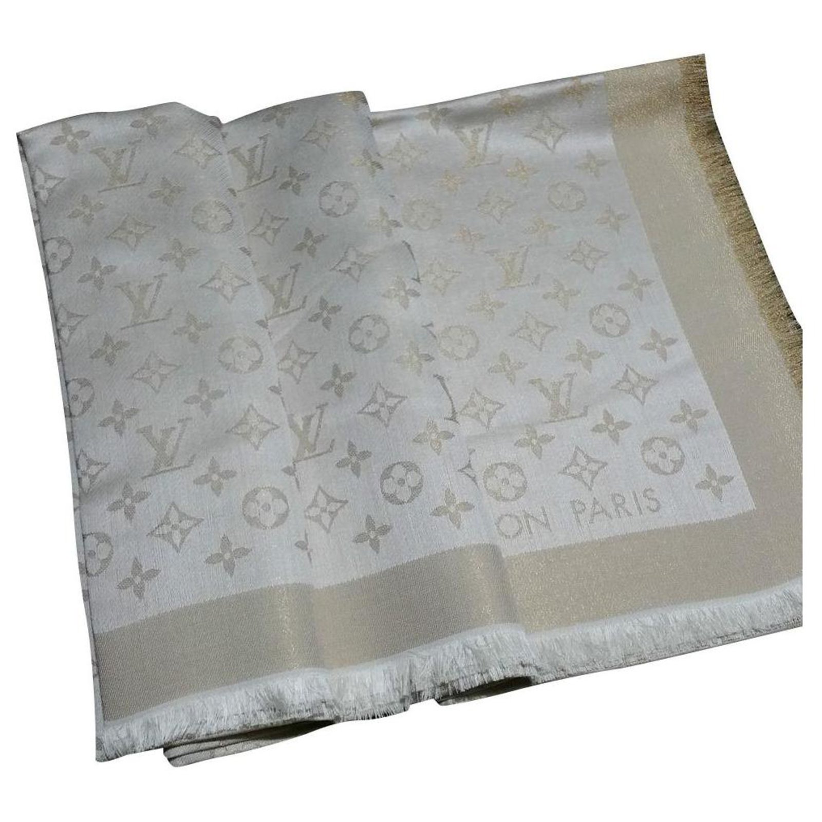 Louis Vuitton Monogram Scarf White Silk Wool ref.165755 - Joli Closet