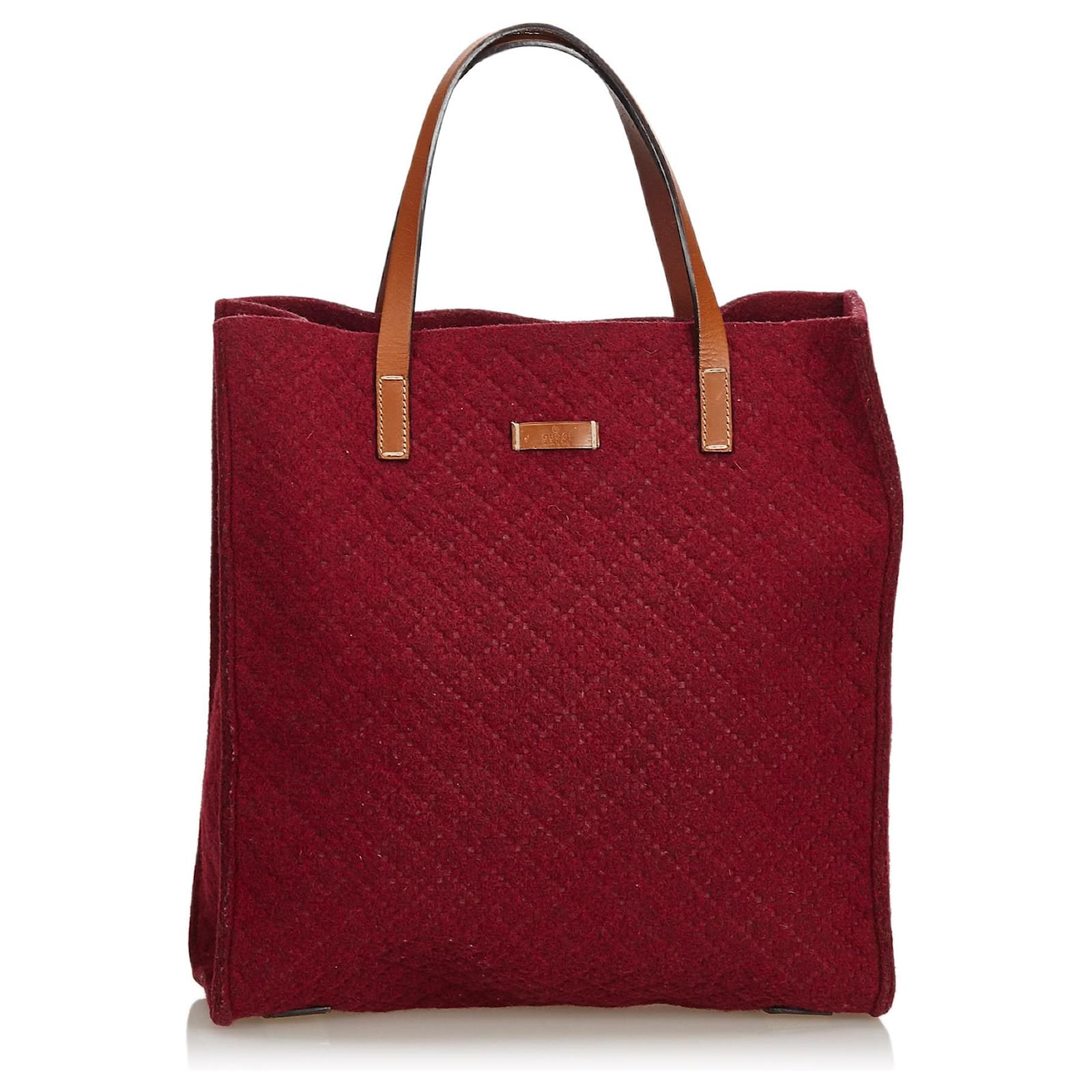 Gucci Red Diamante Felt Tote Bag Brown Leather Cloth