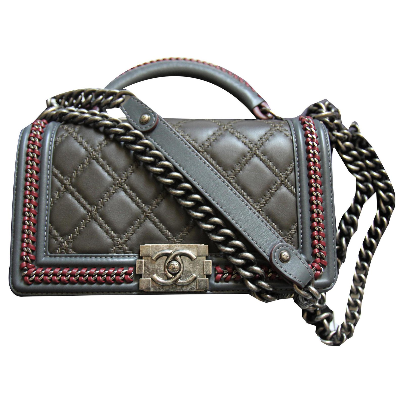 Chanel Wonderful Chanel Boy bag Crafts Paris-Salzburg Handbags Lambskin Grey,Dark red,Khaki ref ...