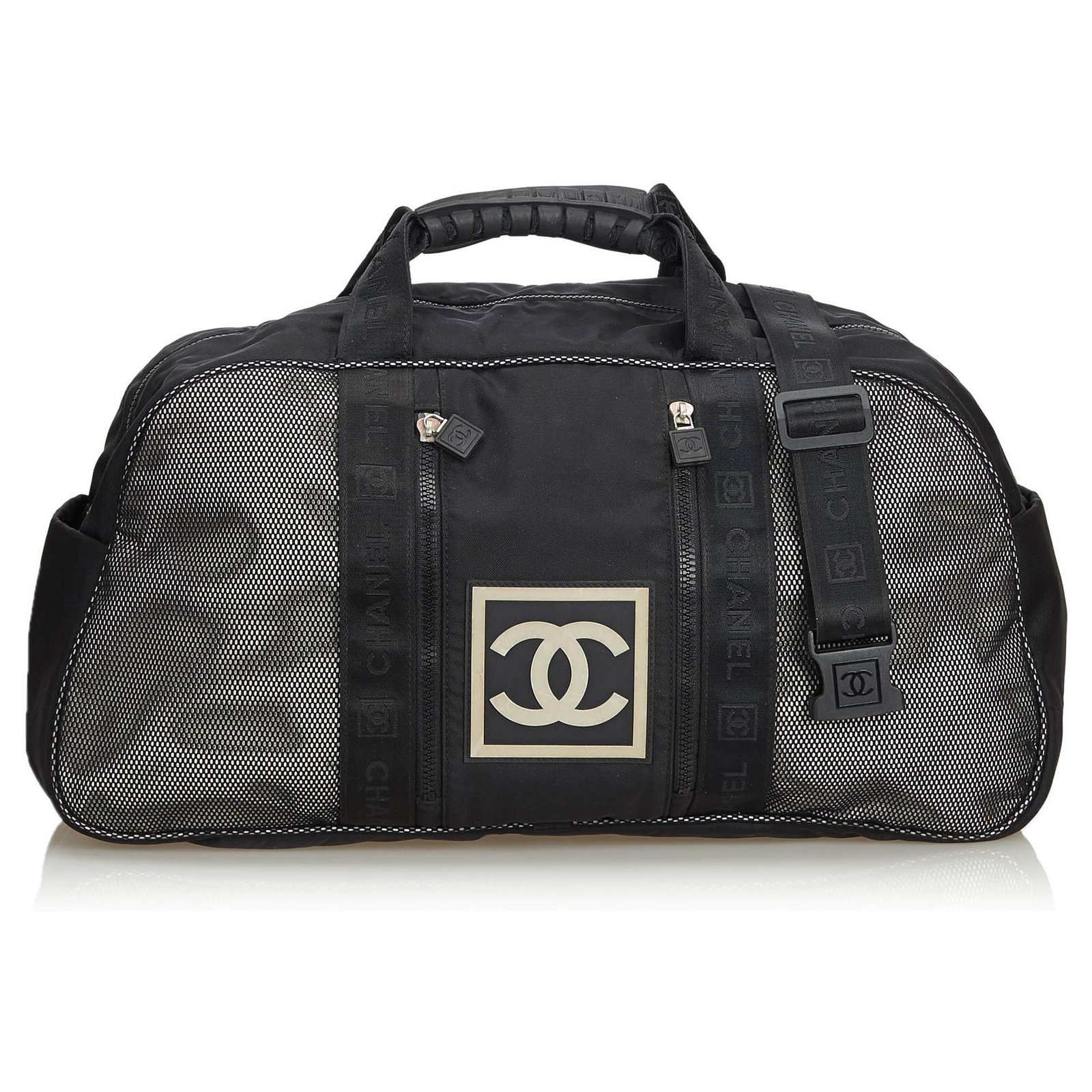 Chanel Schwarz CC Nylon Sports Line Duffle Bag Weiß Tuch ref