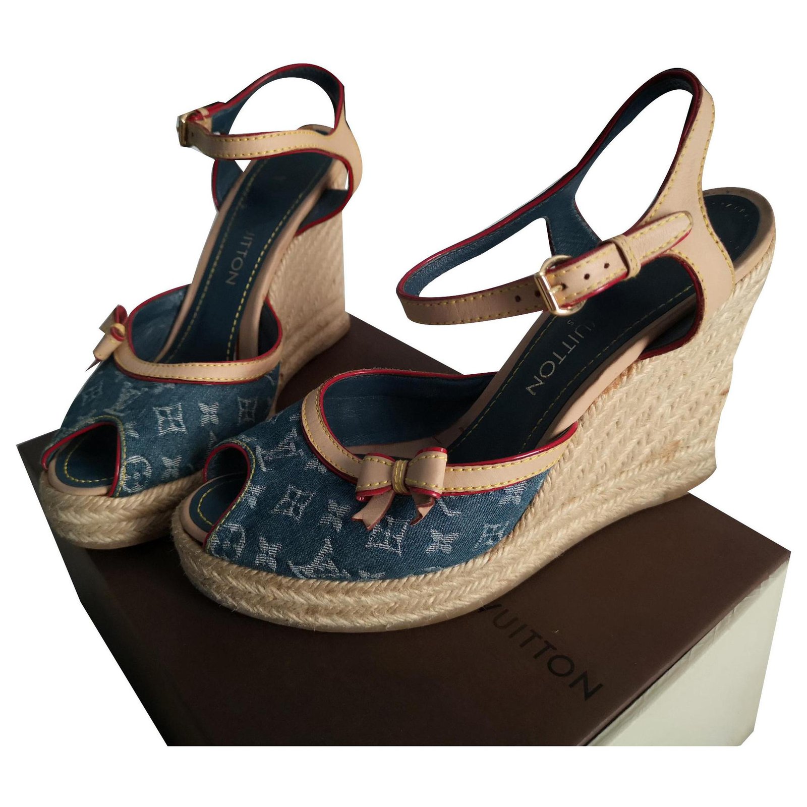 Louis Vuitton Blue Monogram Denim Espadrille Wedge Sandals Size 38