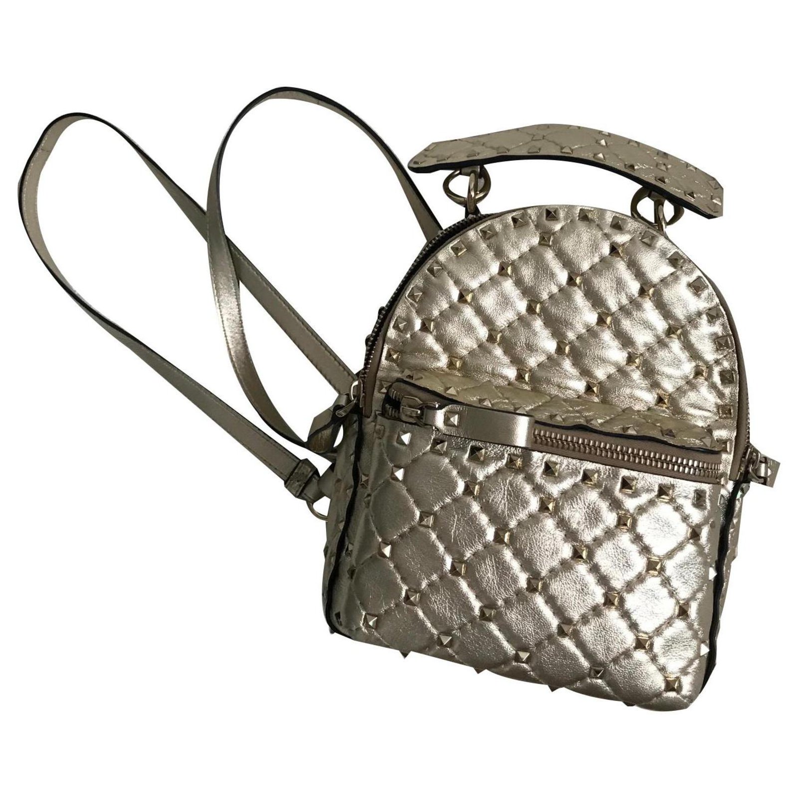 Valentino Metallic Silver Leather Rockstud Spike Mini Backpack