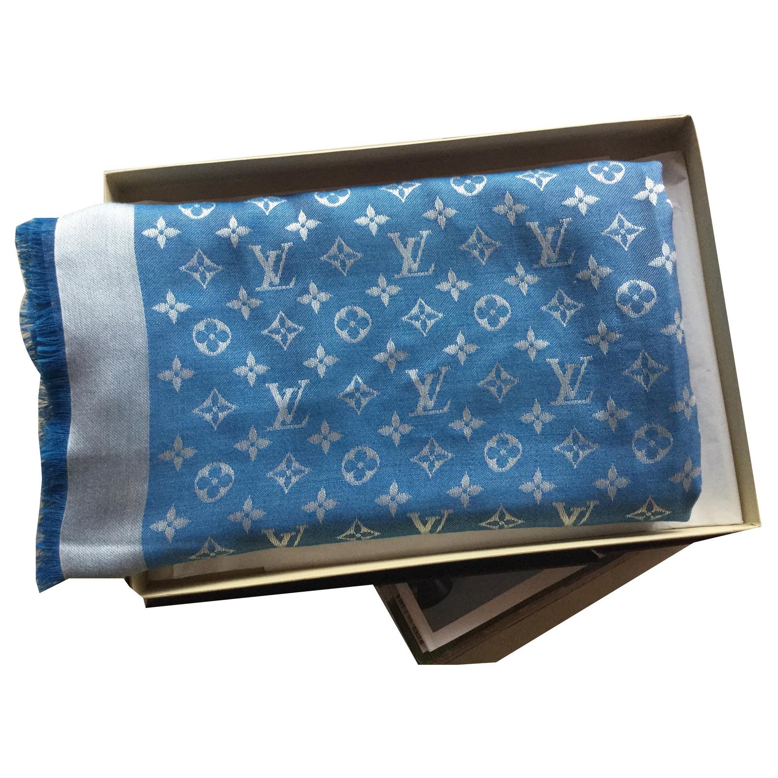 Louis Vuitton LV Monogram Silk Cashmere Brown Dark Blue Scarf