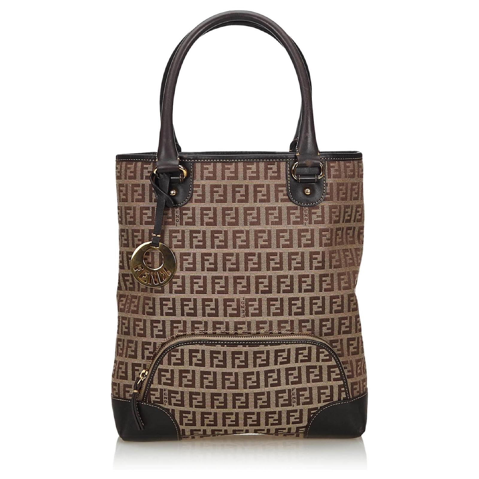 Fendi Sac cabas en zucchino brun Cuir Toile Tissu Marron ref.133742