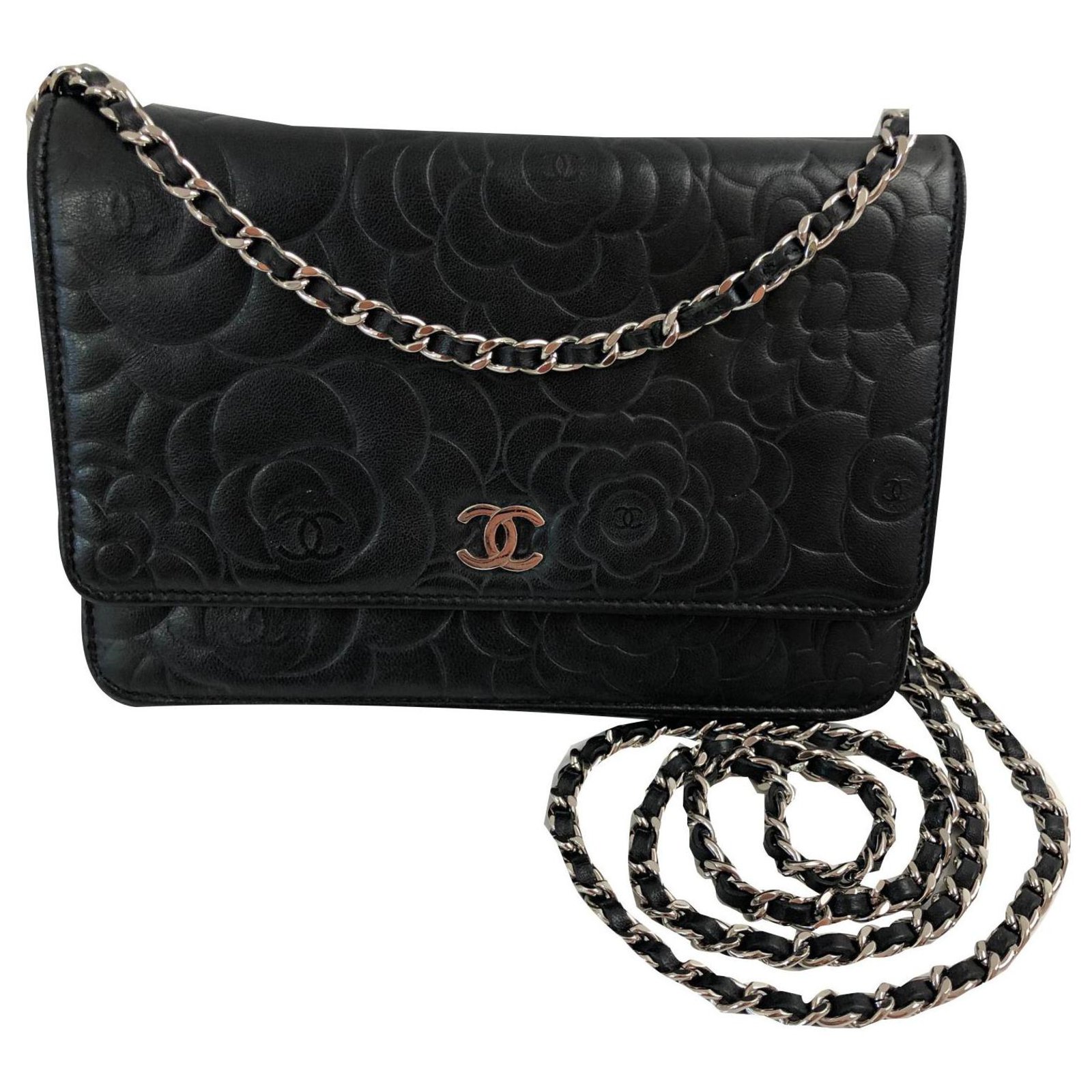 Wallet On Chain Chanel Woc Camellia Black Leather ref.134960 - Joli Closet
