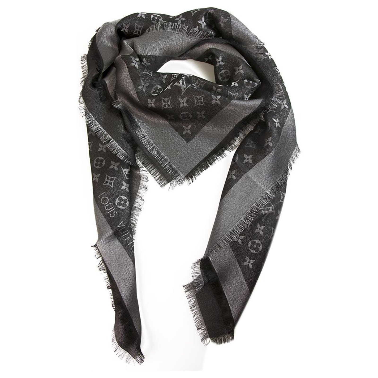 Louis Vuitton charcoal gray monogram shine shawl scarf, Gucci black  embossed leather belt with silver monogram buckle - Meagan's Moda