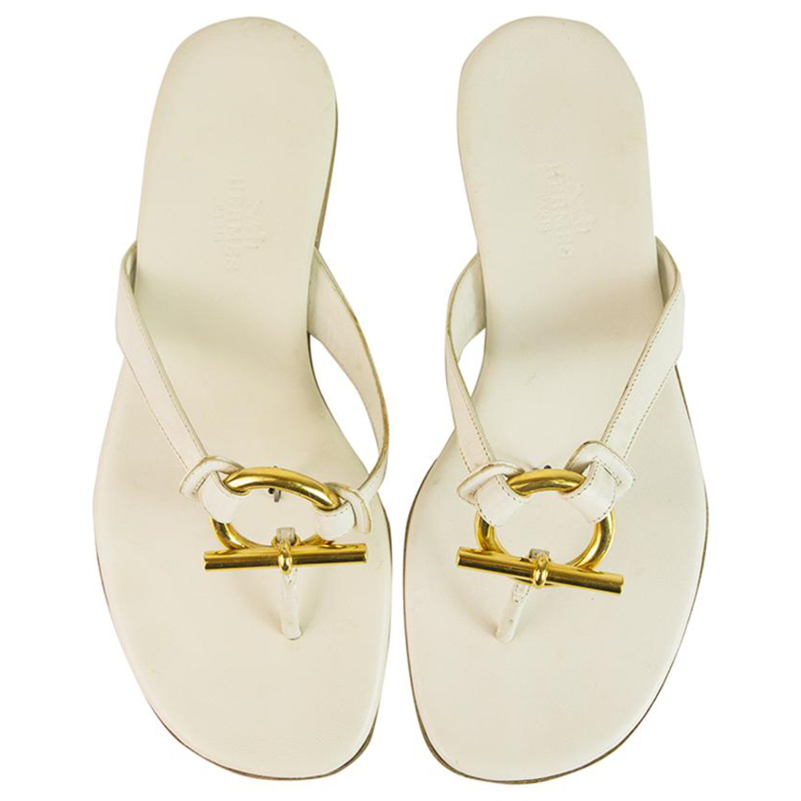 Hermes White leather sandals thongs flats summer shoes Flip Flop Gold  buckle 36