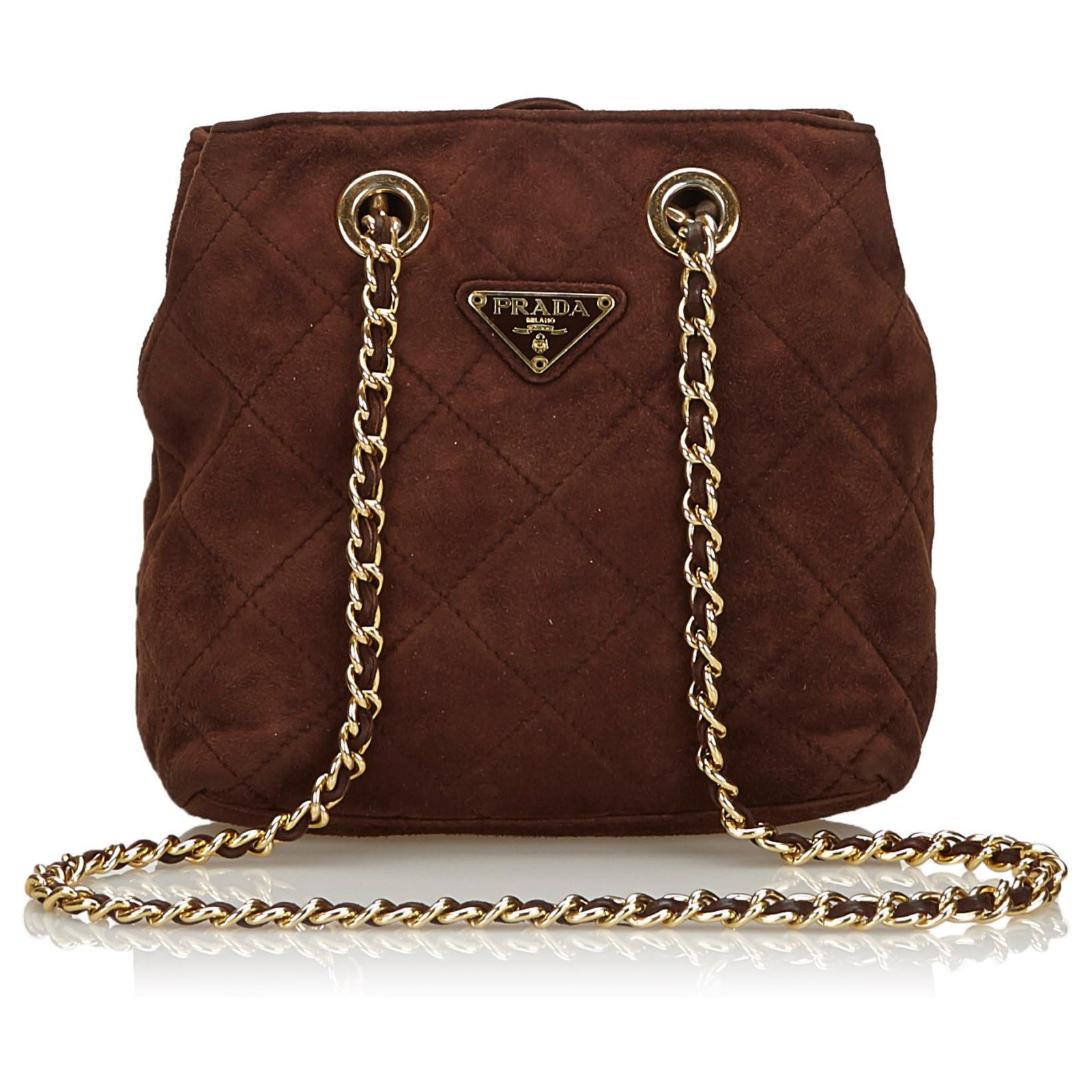 Auth PRADA Handbag Chain Shoulder Bag #2503 Dark Brown Leather
