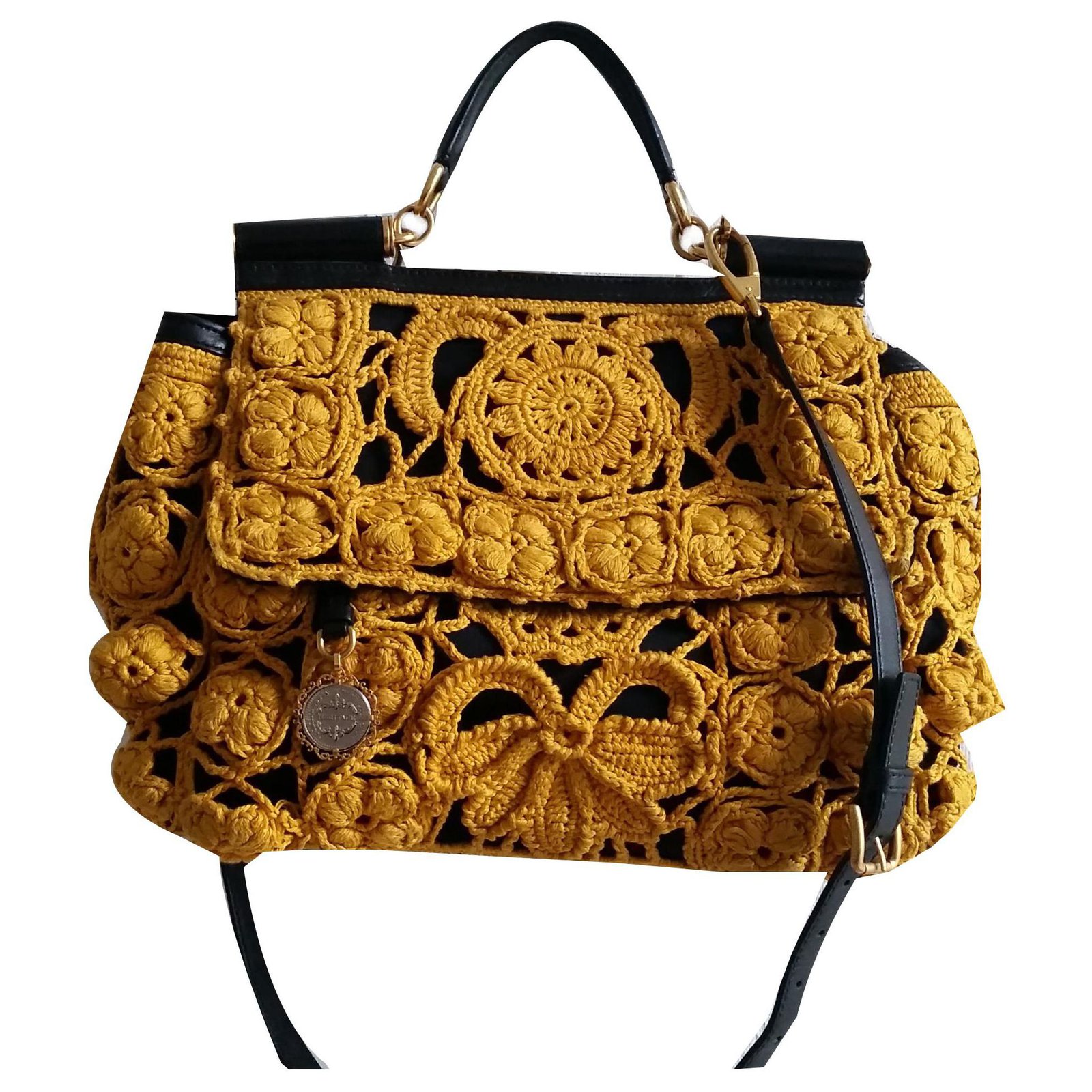 Dolce & Gabbana Crochet Sicily Black Yellow Leather Wool Cloth ref.137341 -  Joli Closet