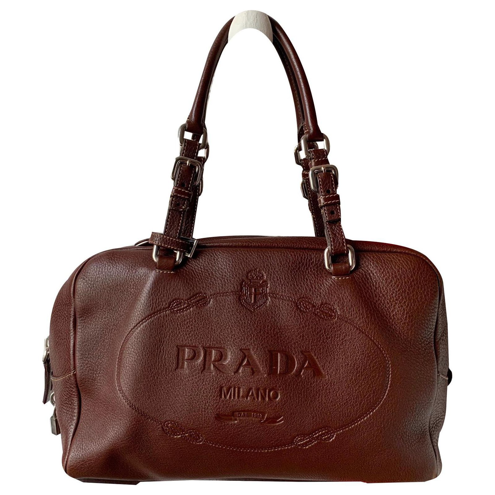 PRADA MILANO Logo Shoulder bag Leather Canvas Brown Gold Made in Italy  60GA065 | eBay