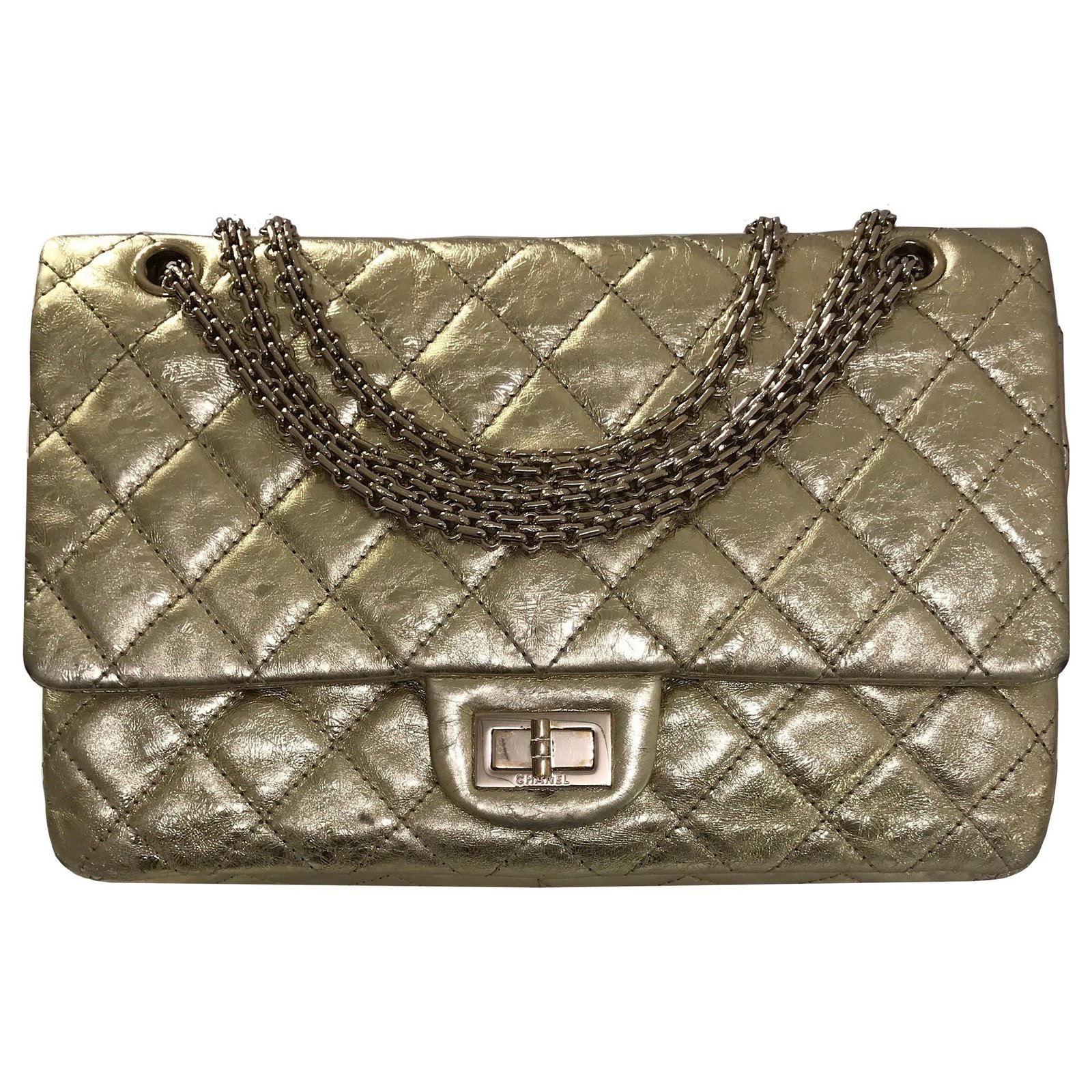 Chanel 2.55 Reissue 227 Shoulder Flap Bag Golden Metallic Leather