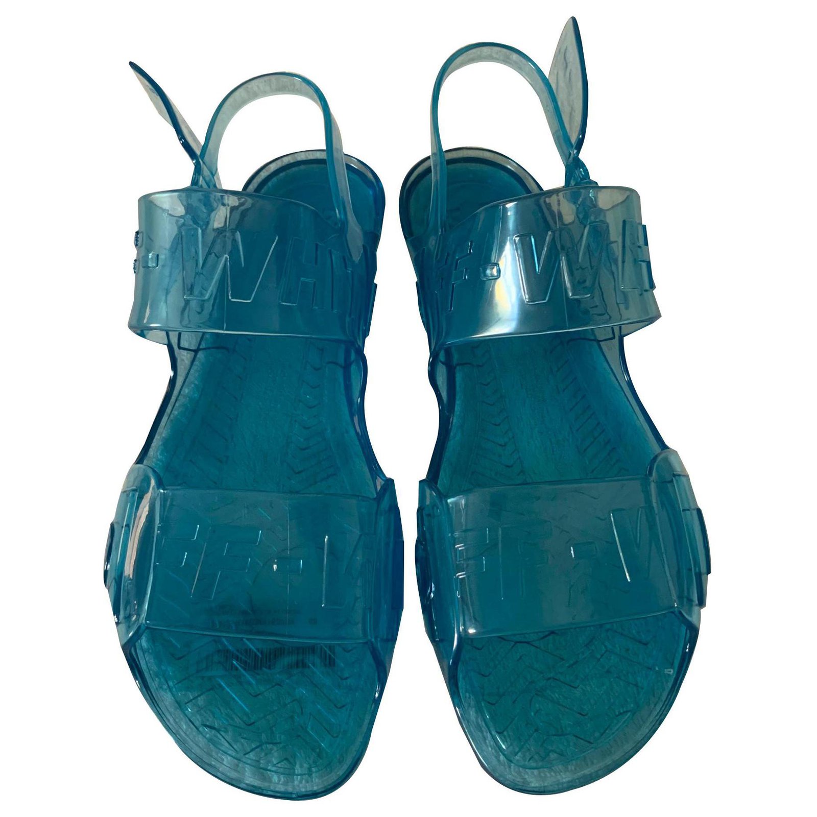 off white jelly sandals blue