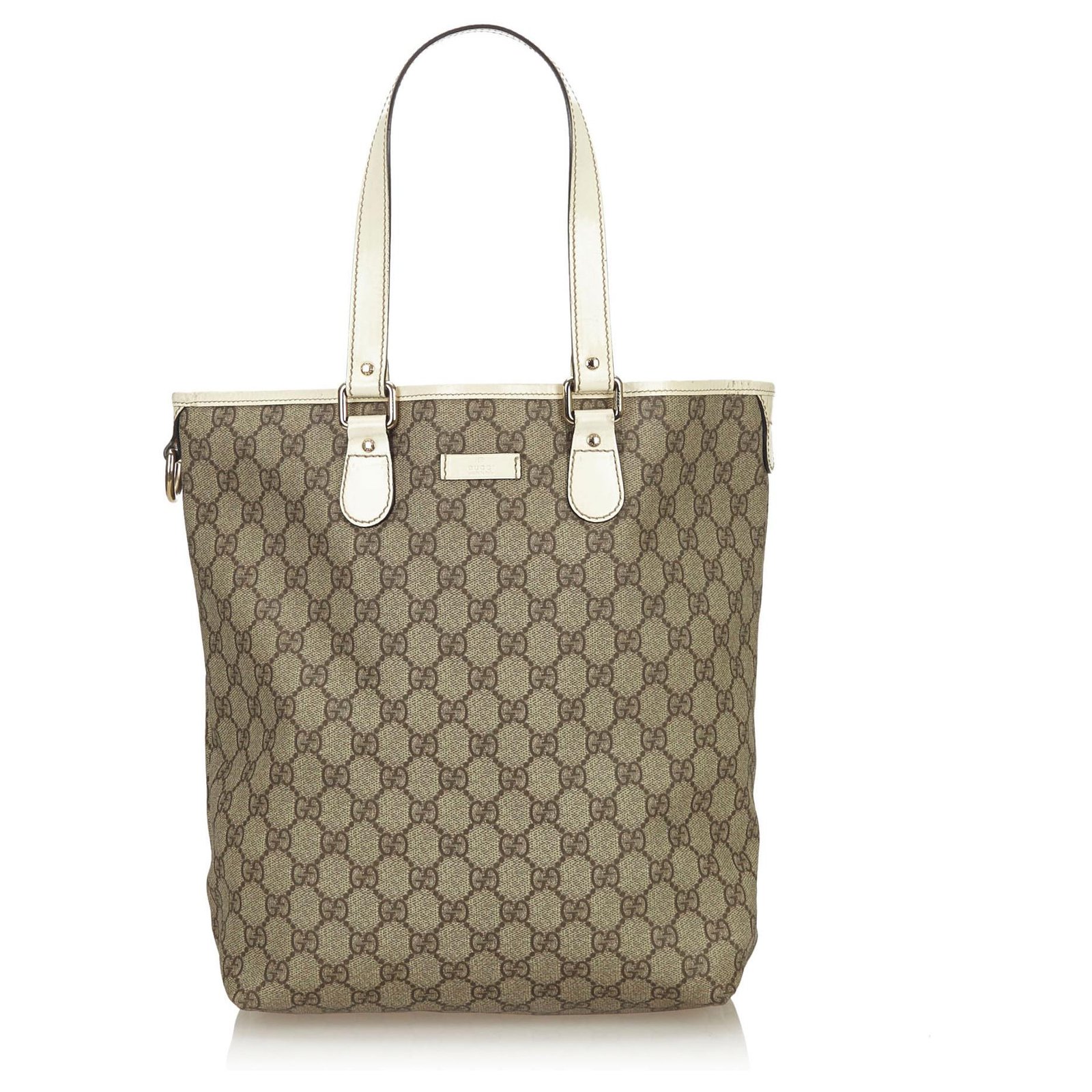 Gucci Brown GG Supreme Tote Bag White Light brown Leather Cloth