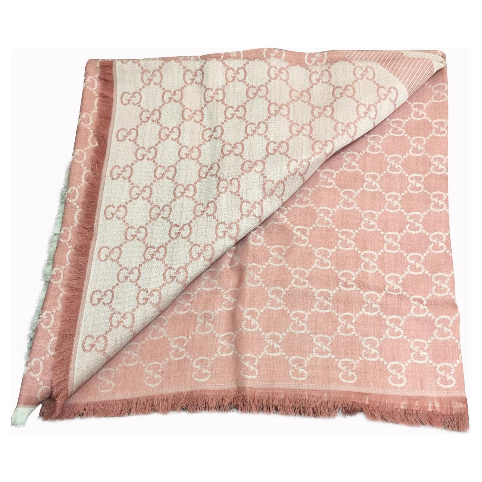GUCCI Roseate Pink Wool Silk Blend Wrap Monogram Scarf