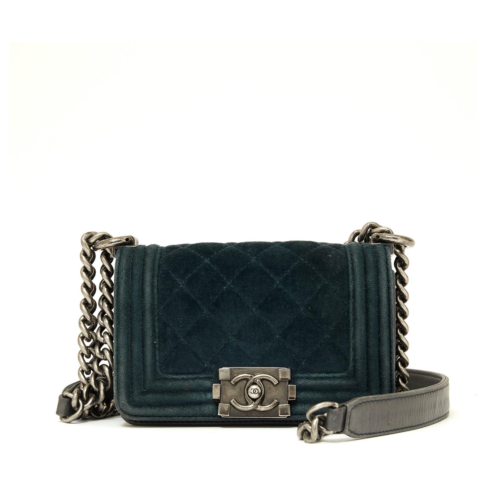 Chanel VELVET BOY MICRO Grey Dark green Leather ref.145331 - Joli