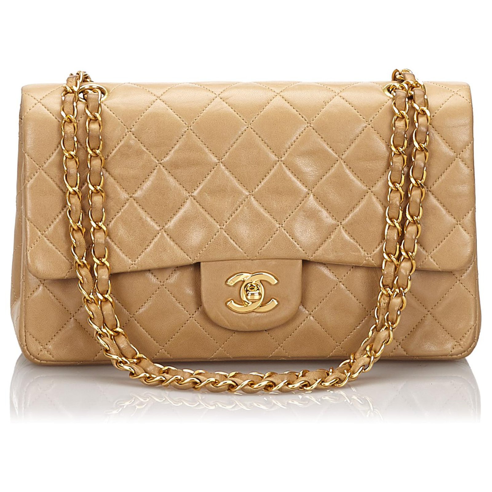 Chanel Brown Classic Medium Lambskin lined Flap Bag Beige Leather   - Joli Closet