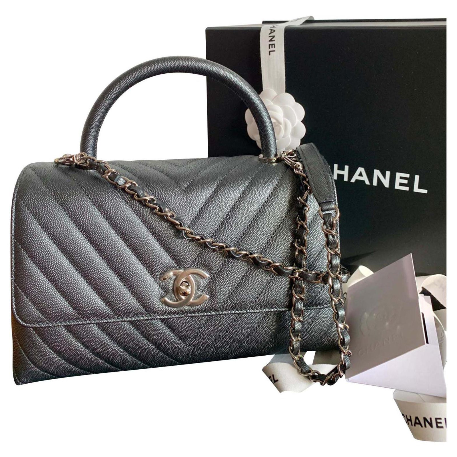 Chanel Coco Handle Caviar Chevron Shw Handbags Leather Dark Grey Ref Joli Closet