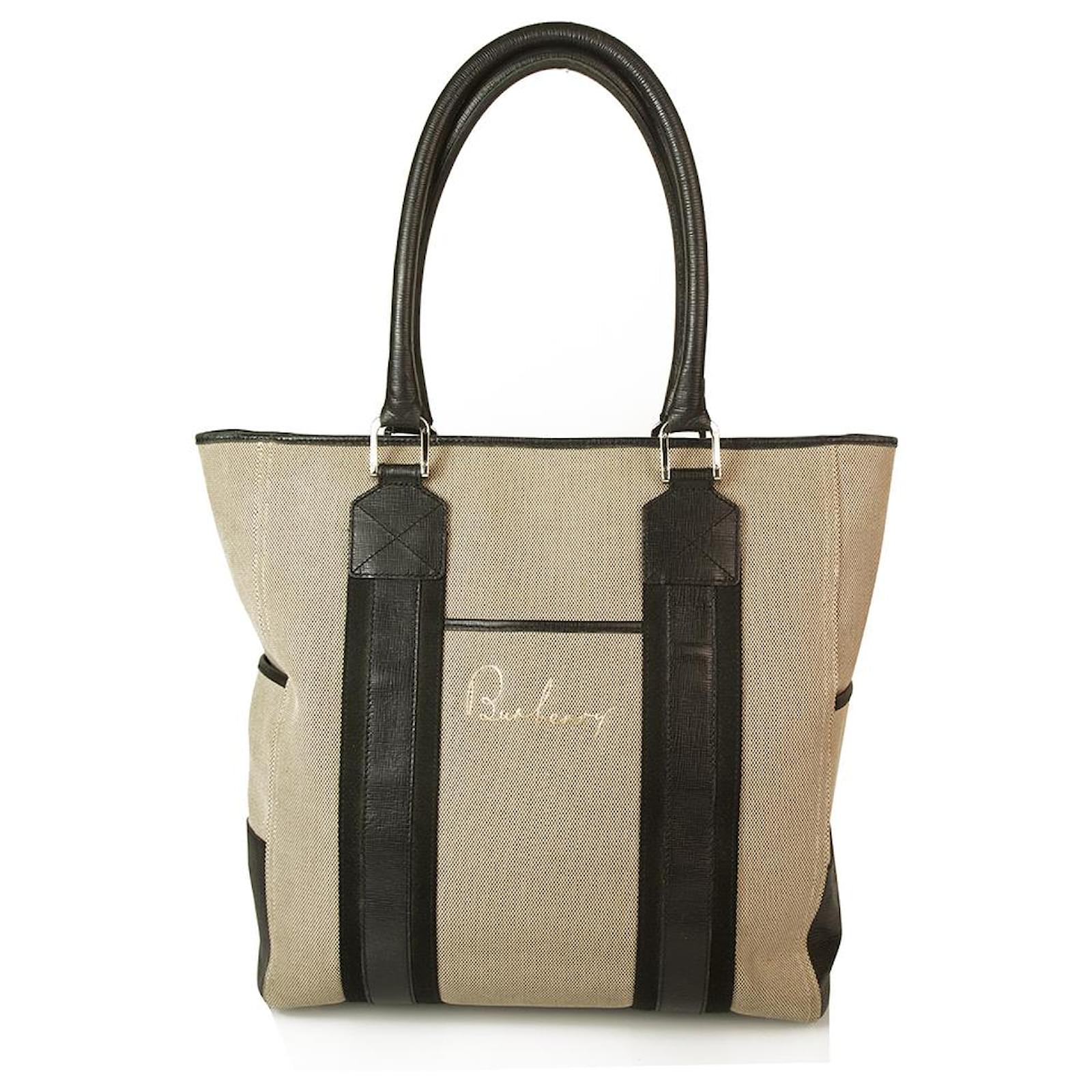 Thomas Burberry Burberry Beige / Lona gris y ribete de cuero negro Bolso  Tote Bolso shopper grande Lienzo ref.149124 - Joli Closet