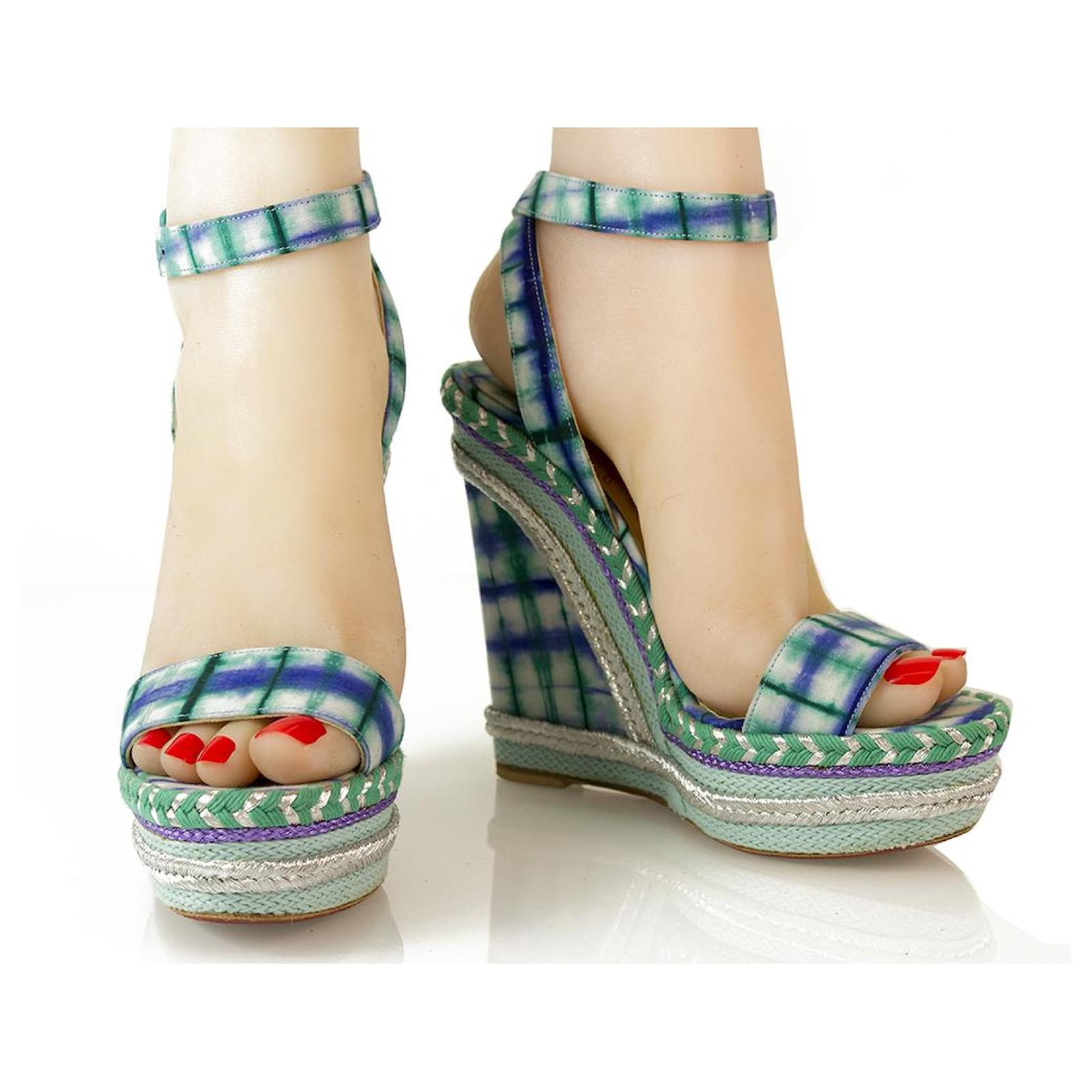 Christian Louboutin Blue Green Check Plataforma Plataformas Slingback  Anckle Strap 37 Algodón ref.149125 - Joli Closet