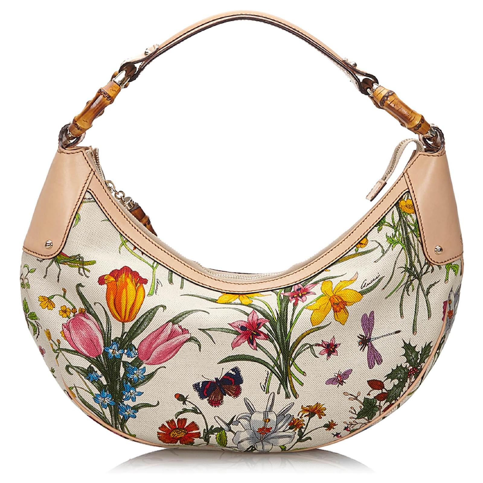 Borsa a tracolla Gucci Bamboo Ring in tela bianca Bianco