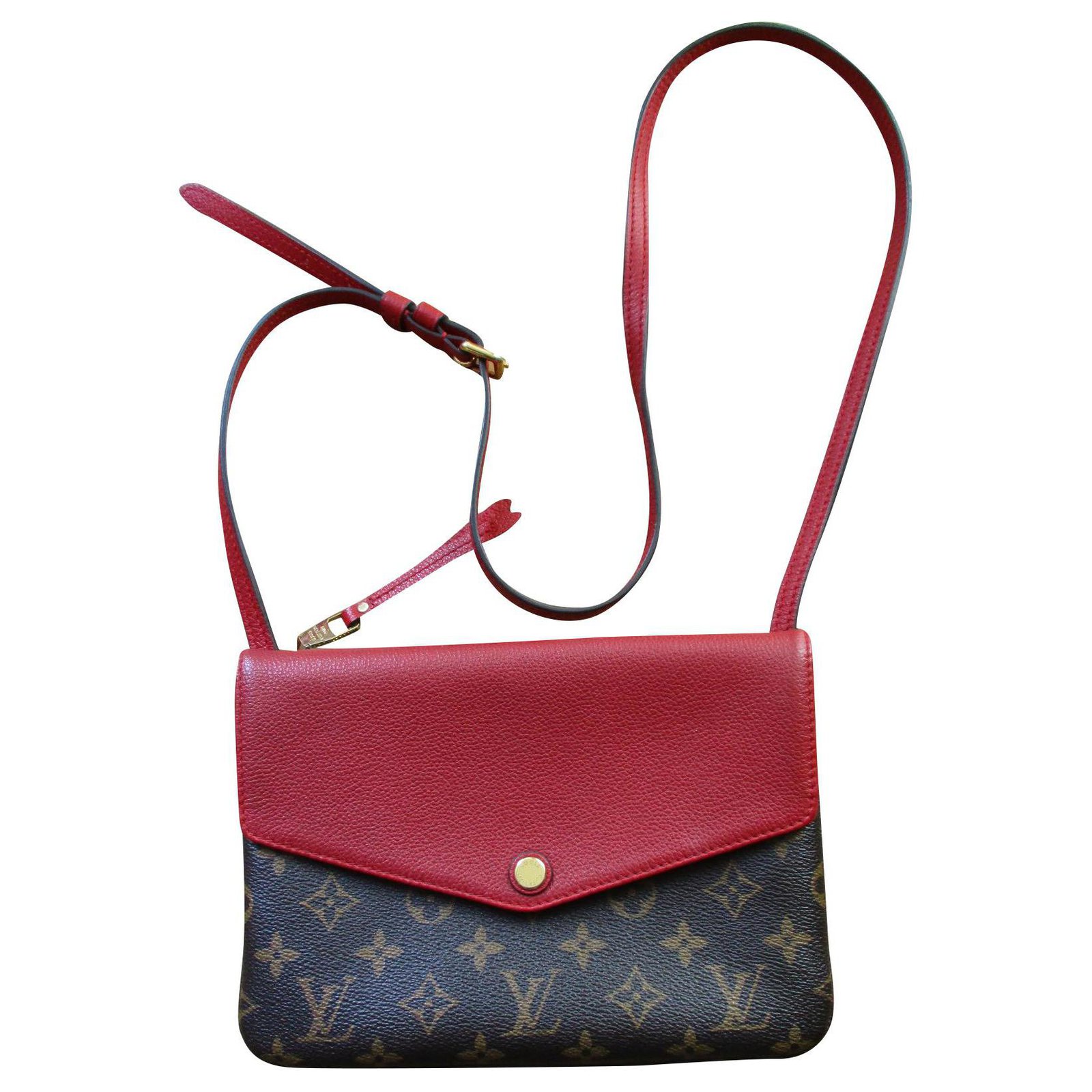Louis Vuitton Twice, monogramm canvas and cherry red. Brown Cloth