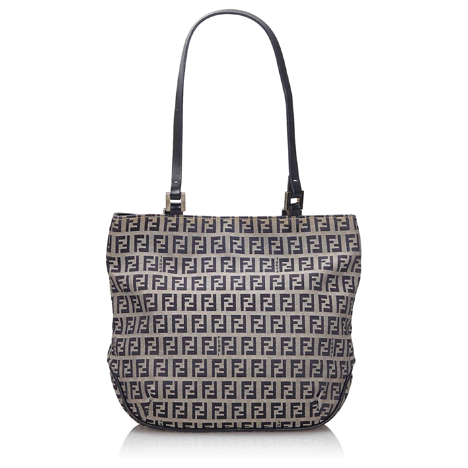 Fendi Sac cabas en toile Zucchino grise Cuir Tissu Bleu Bleu Marine ref