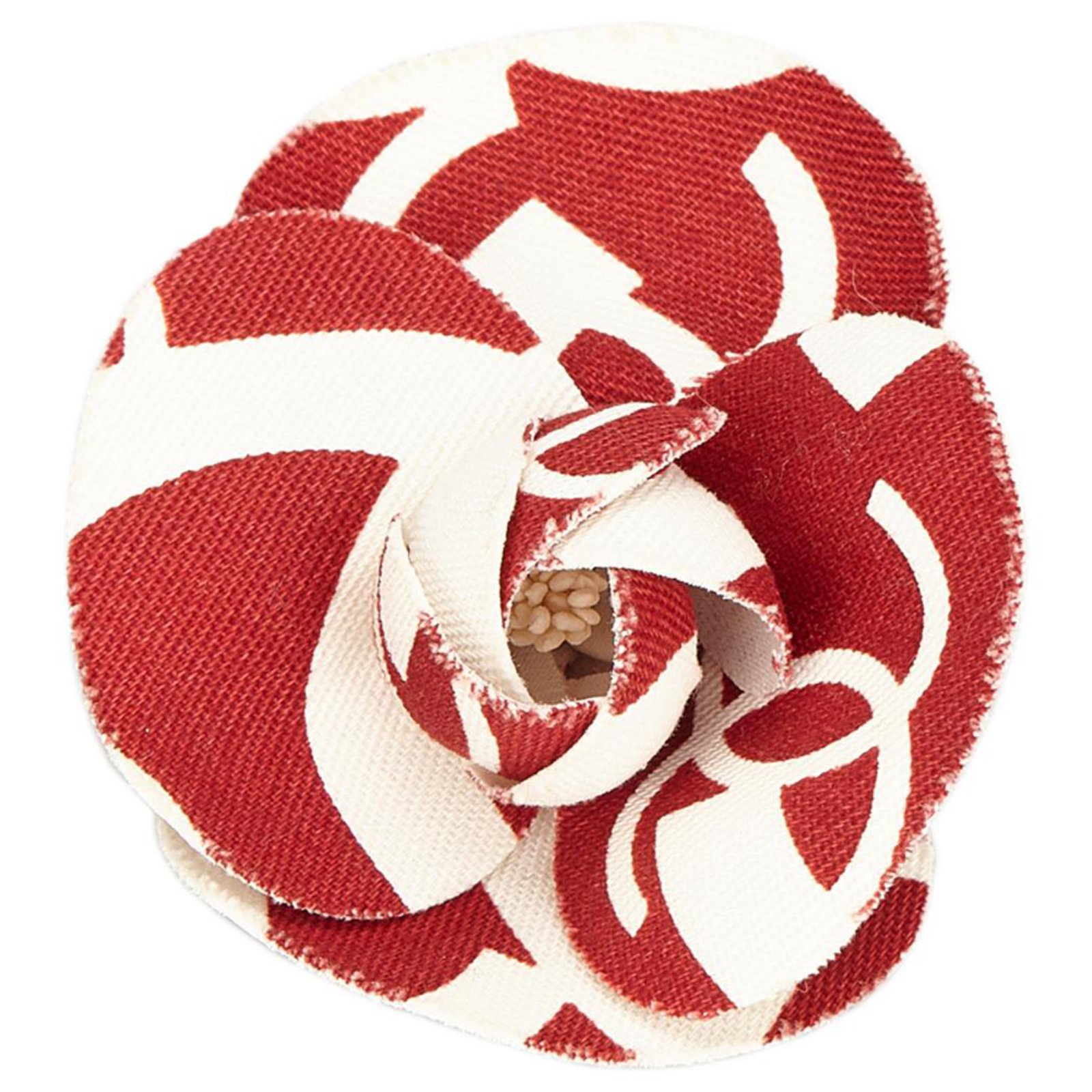 Chanel White Printed Cotton Camellia Brooch Red Cloth ref.150287