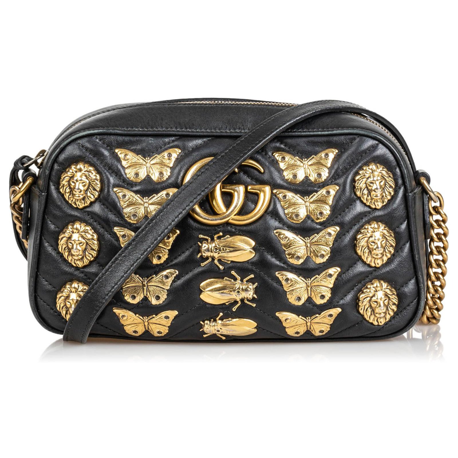 Gucci Marmont Animal Stud Crossbody aus schwarzem Leder