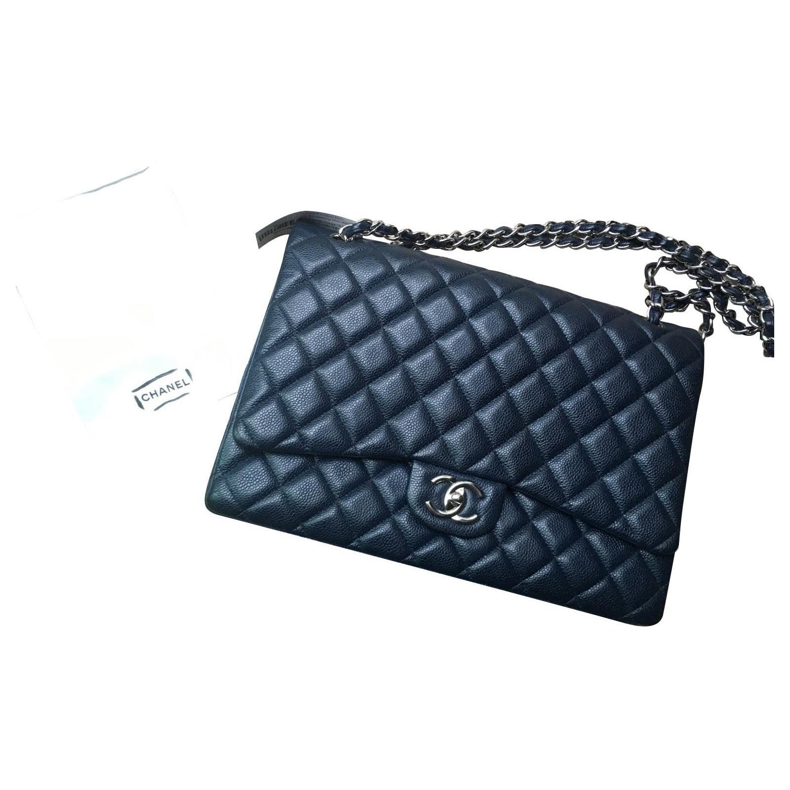 Chanel Navy Blue Quilted Caviar Leather Maxi Classic Double Flap Bag Chanel