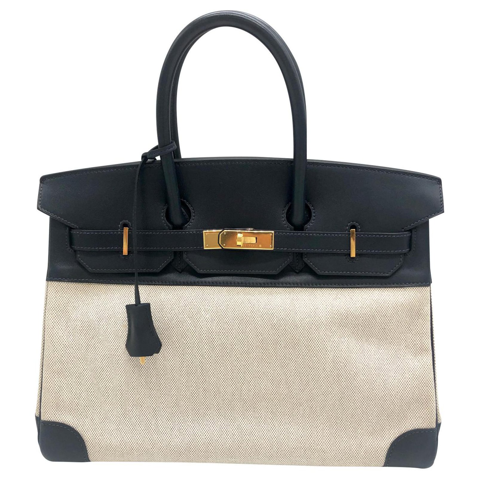 Hermès brand Birkin handbags 35 cm H beige canvas and blue swift leather.  ref.151995 - Joli Closet