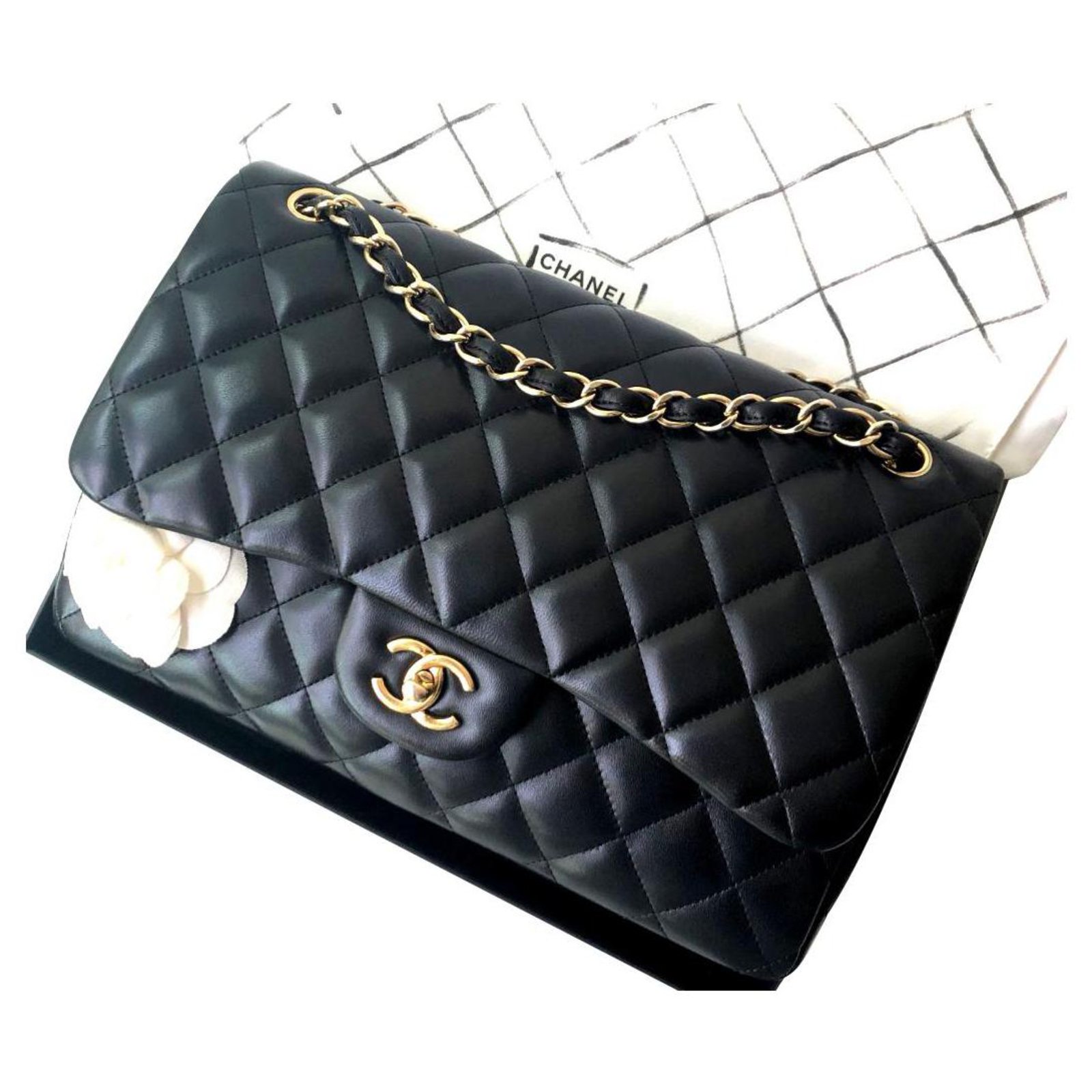 Chanel black lambskin Jumbo classic flap bag GHW Leather ref