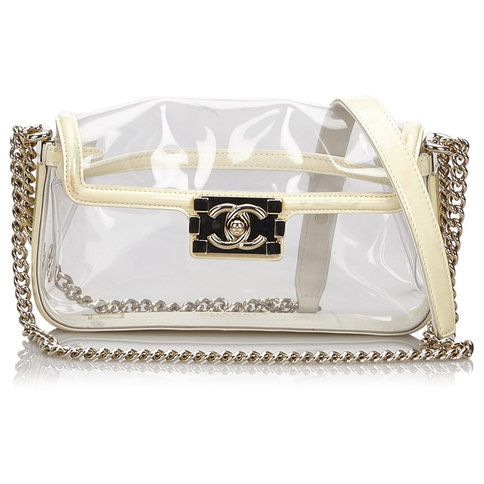 Chanel White Clear Vinyl Chain Boy Leather Patent leather Plastic