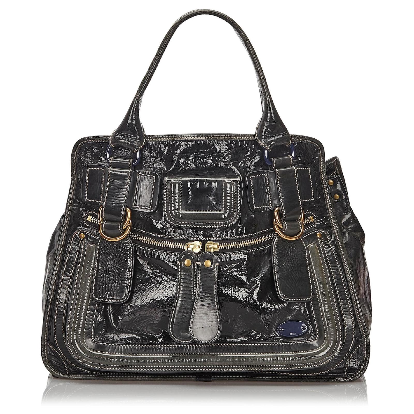Sac ?� main Bay en cuir verni noir de Chlo?� Cuir vernis Gris ref.153090 - Joli Closet