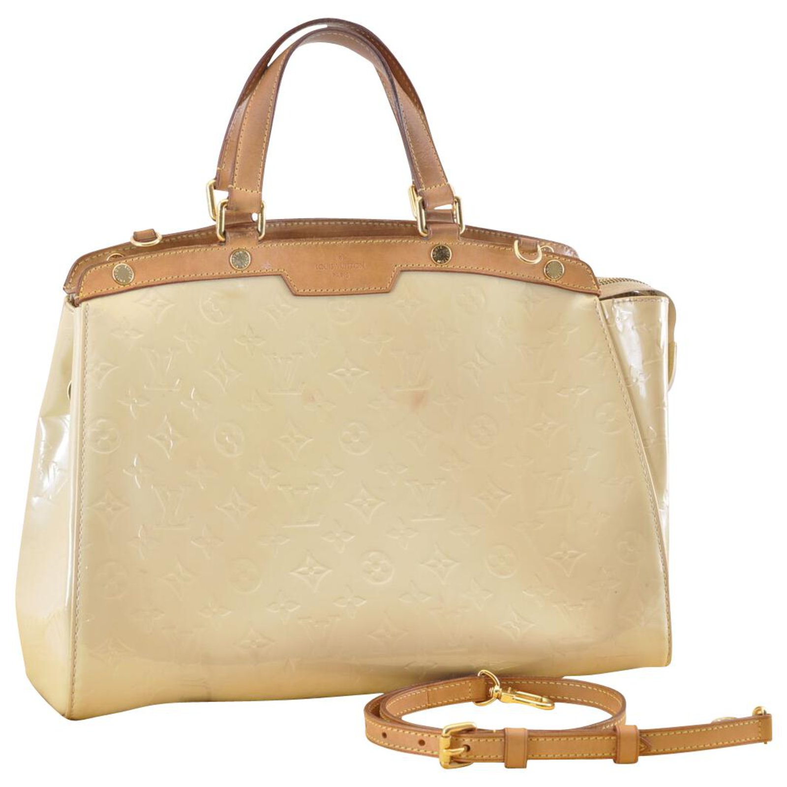 Cream Brown Leather Louis Vuitton Speedy Monogram Canvas Handbags