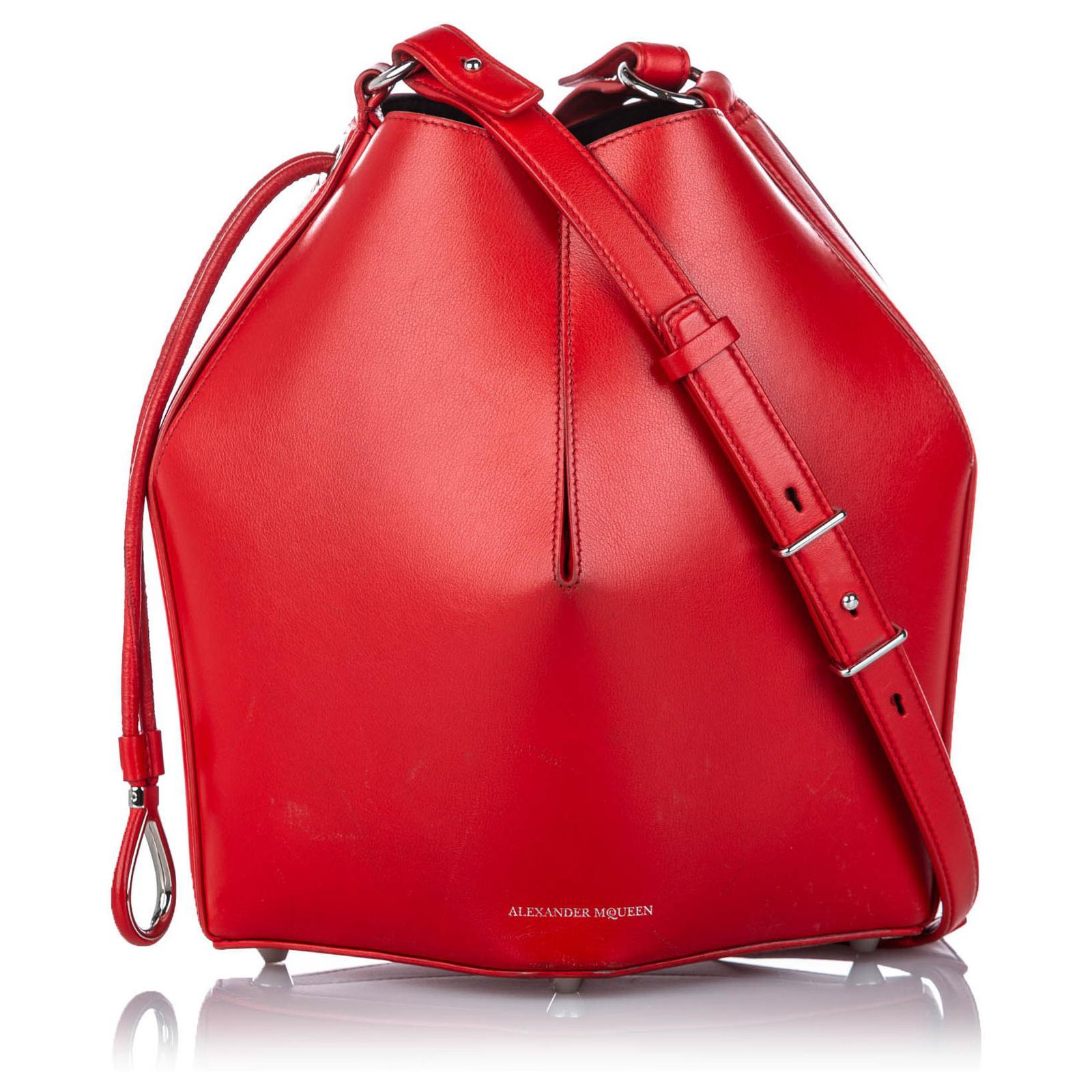 red leather bucket bag