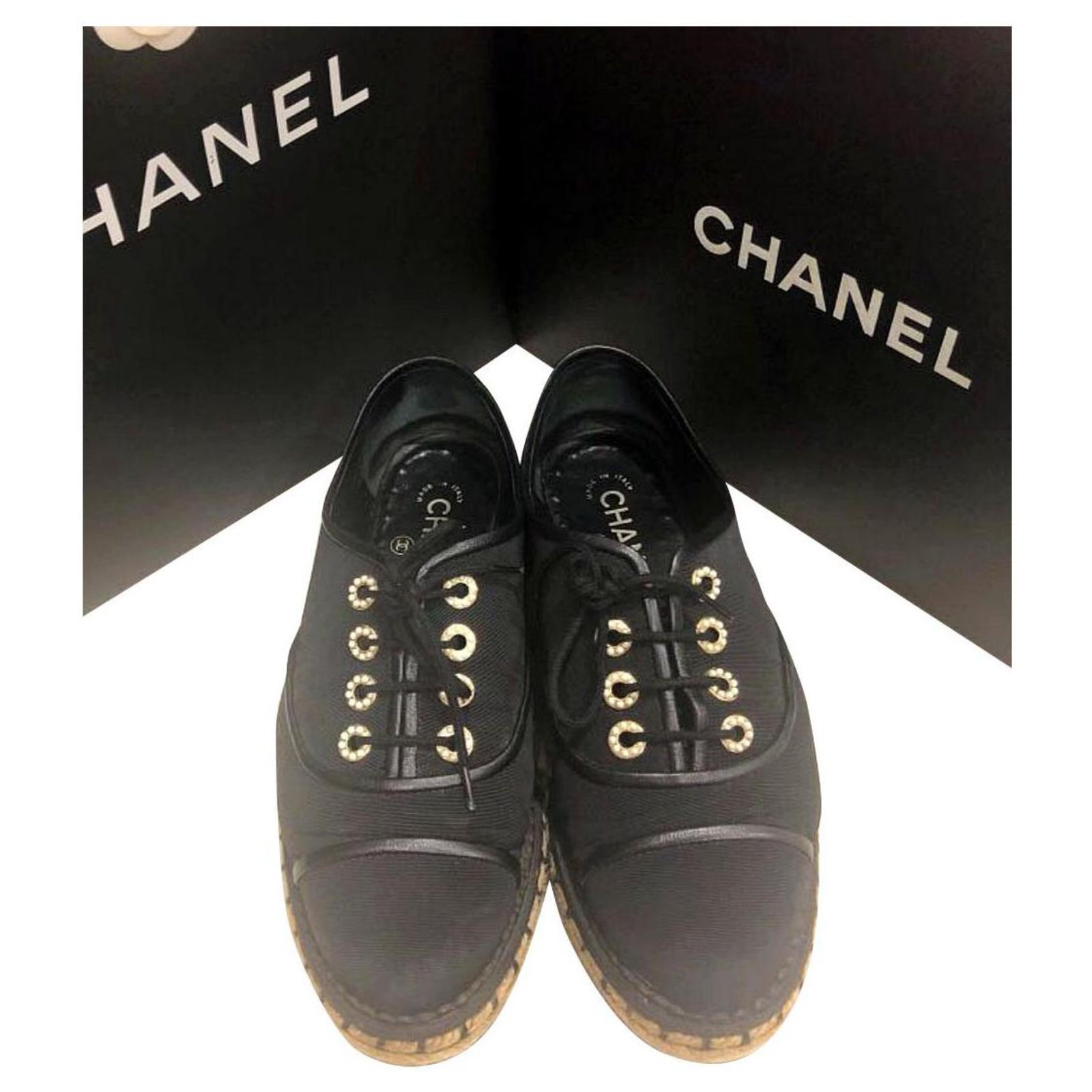 Chanel black lace up espadrilles EU37 Leather Cloth ref.154484 - Joli Closet