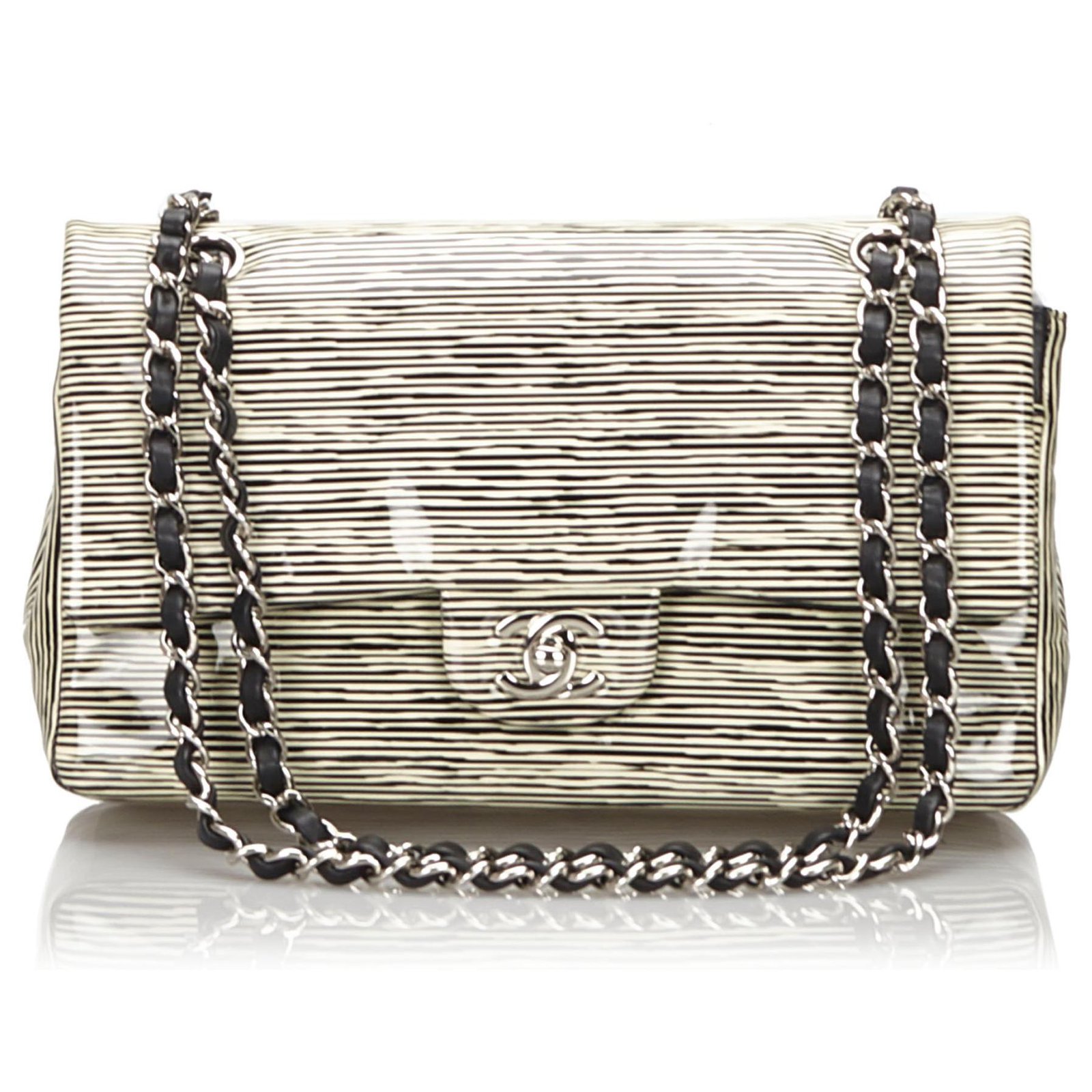 Timeless Chanel Black Striped Classic Medium Patent Leather lined Flap Bag  White ref.154663 - Joli Closet