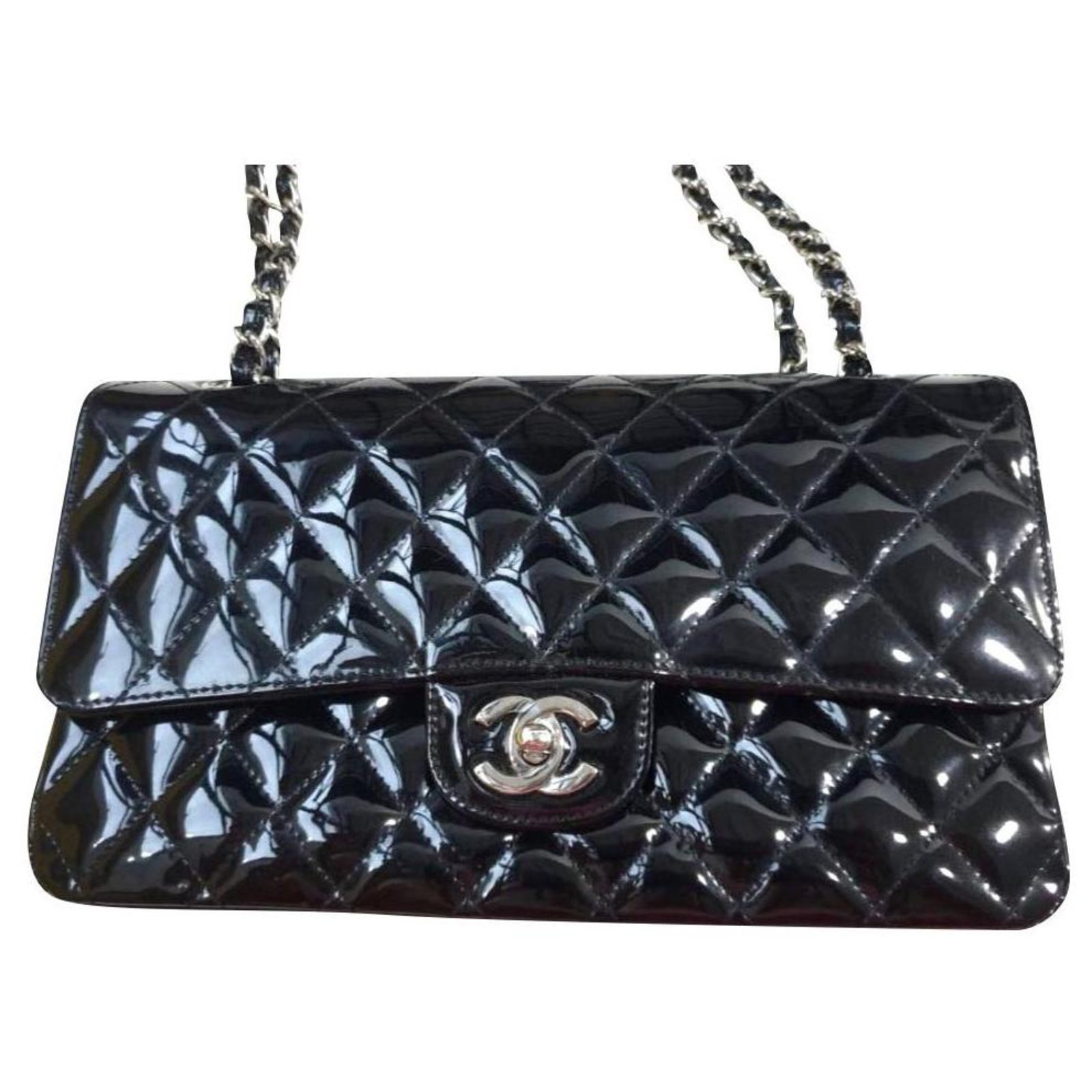 Chanel Black Patent Medium classic flap bag Patent leather ref.154877 -  Joli Closet