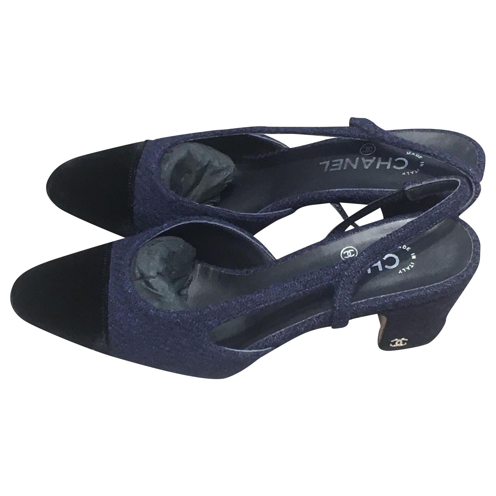 Chanel Heels Black Navy blue Velvet Tweed ref.155184 - Joli Closet