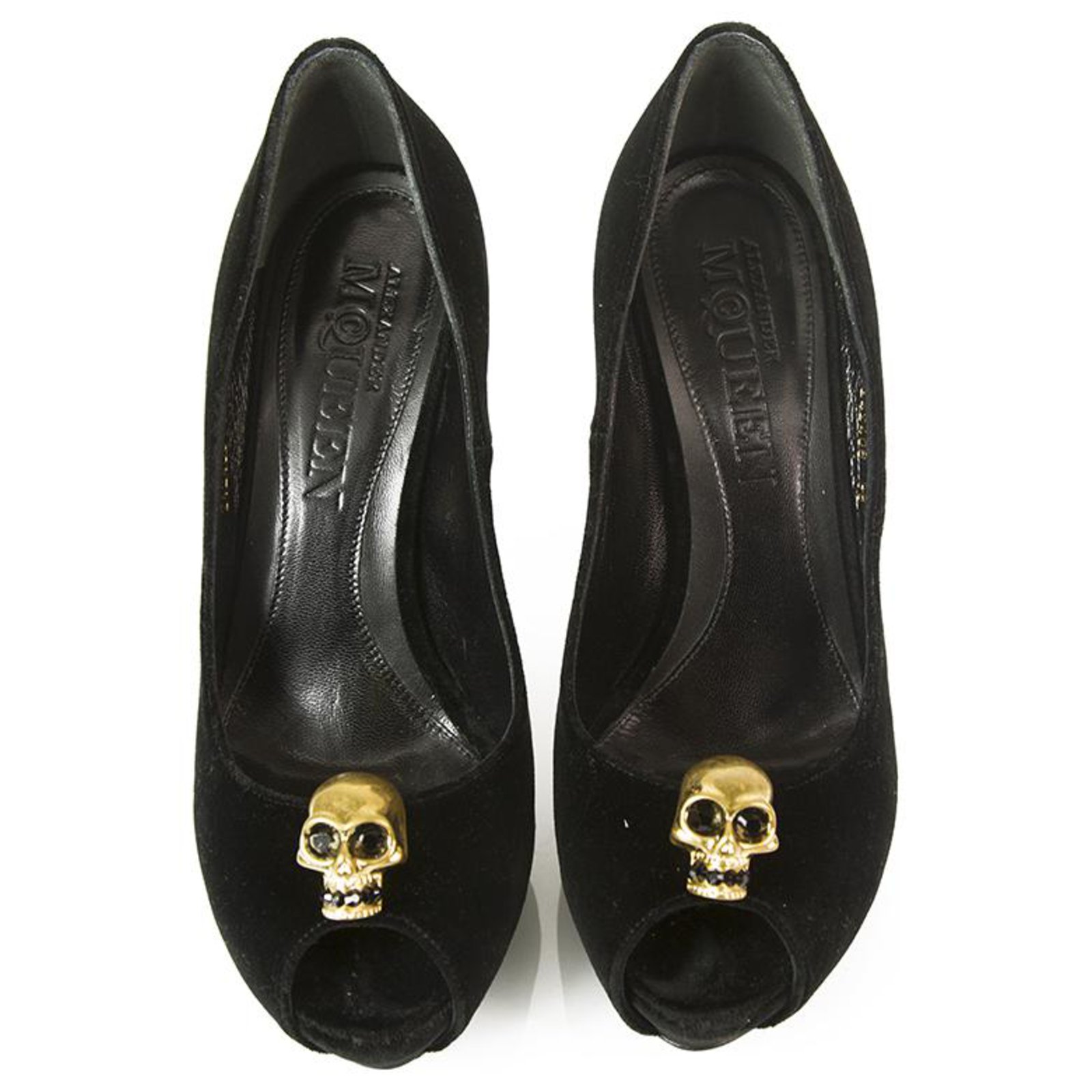 Alexander McQueen Black Velvet Sequin Goldtone Skull Peep Toes Pumps Shoes  38  - Joli Closet