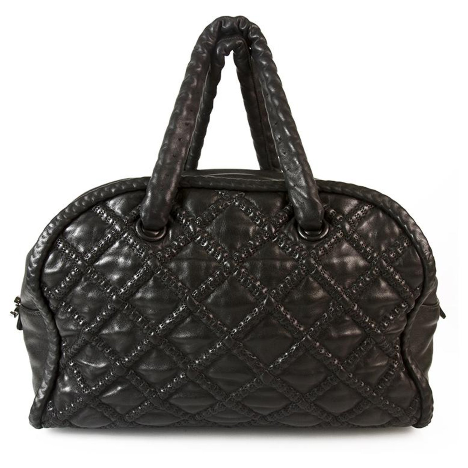 CHANEL Boho style Black Leather Large Bowling bag, chain inside leather ...