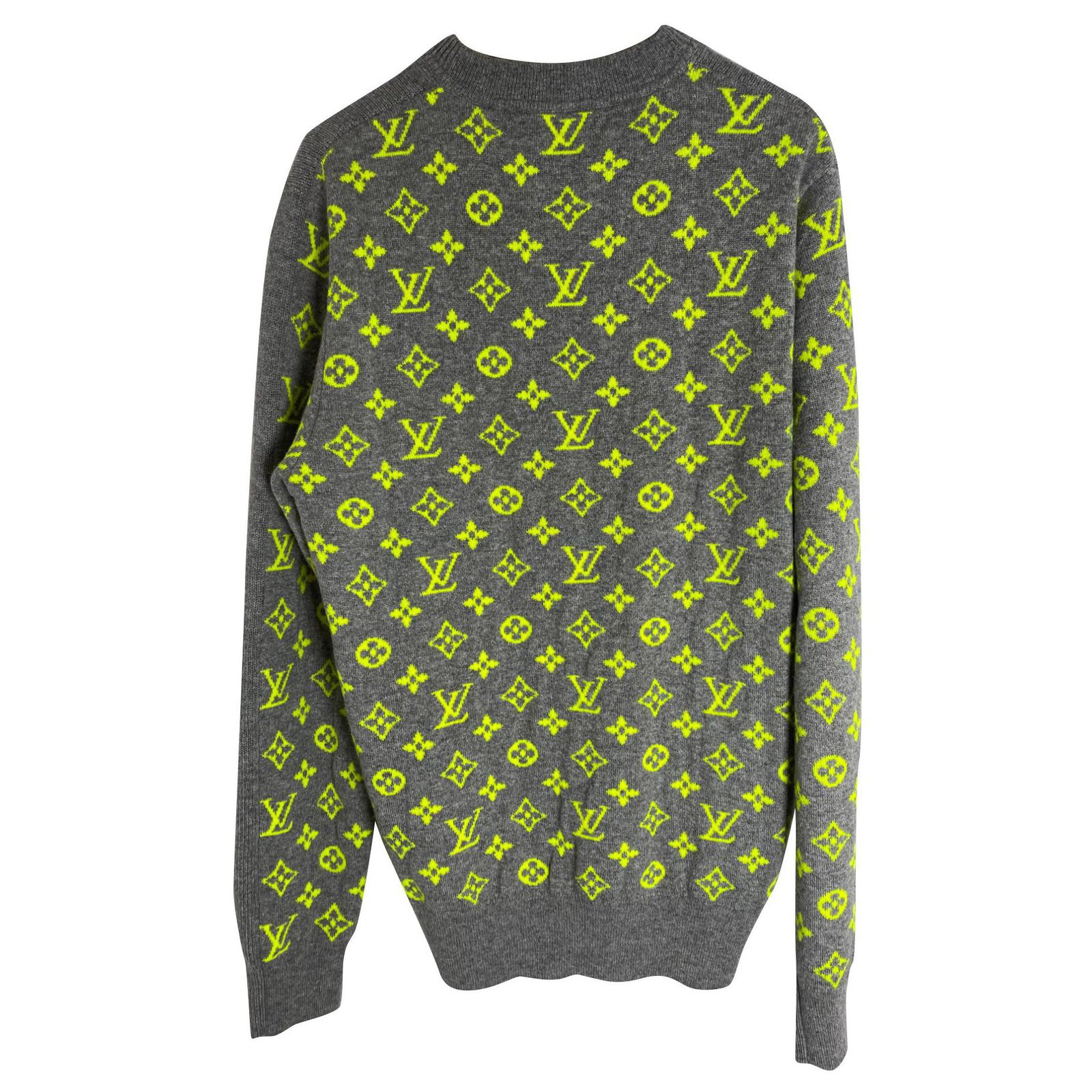 Louis Vuitton Men's Gray Sweater Neon Orange Monogram Size M 100%  Cashmere