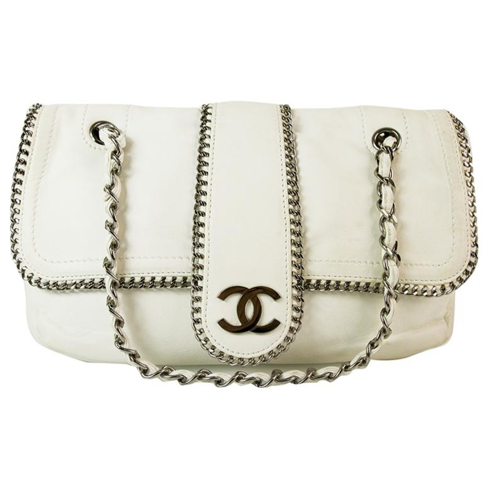Chanel White Leather Chain Around Single Flap Bag with gunmetal