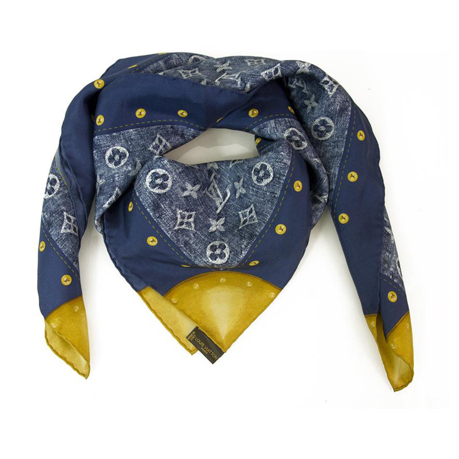 Louis Vuitton Blue Monogram Denim Silk/Wool Shawl Scarf - Yoogi's Closet