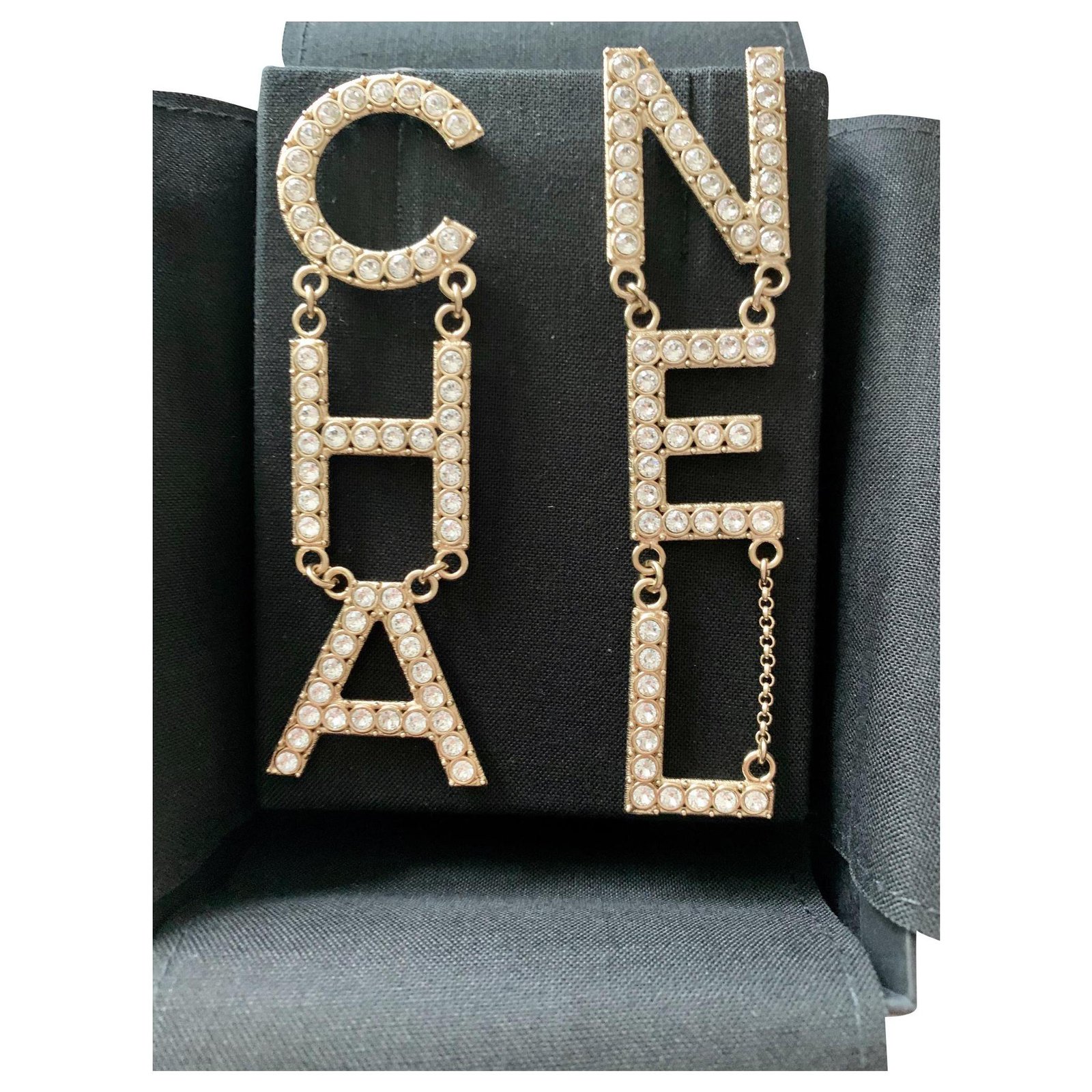 CHA NEL Crystal Logo Earrings