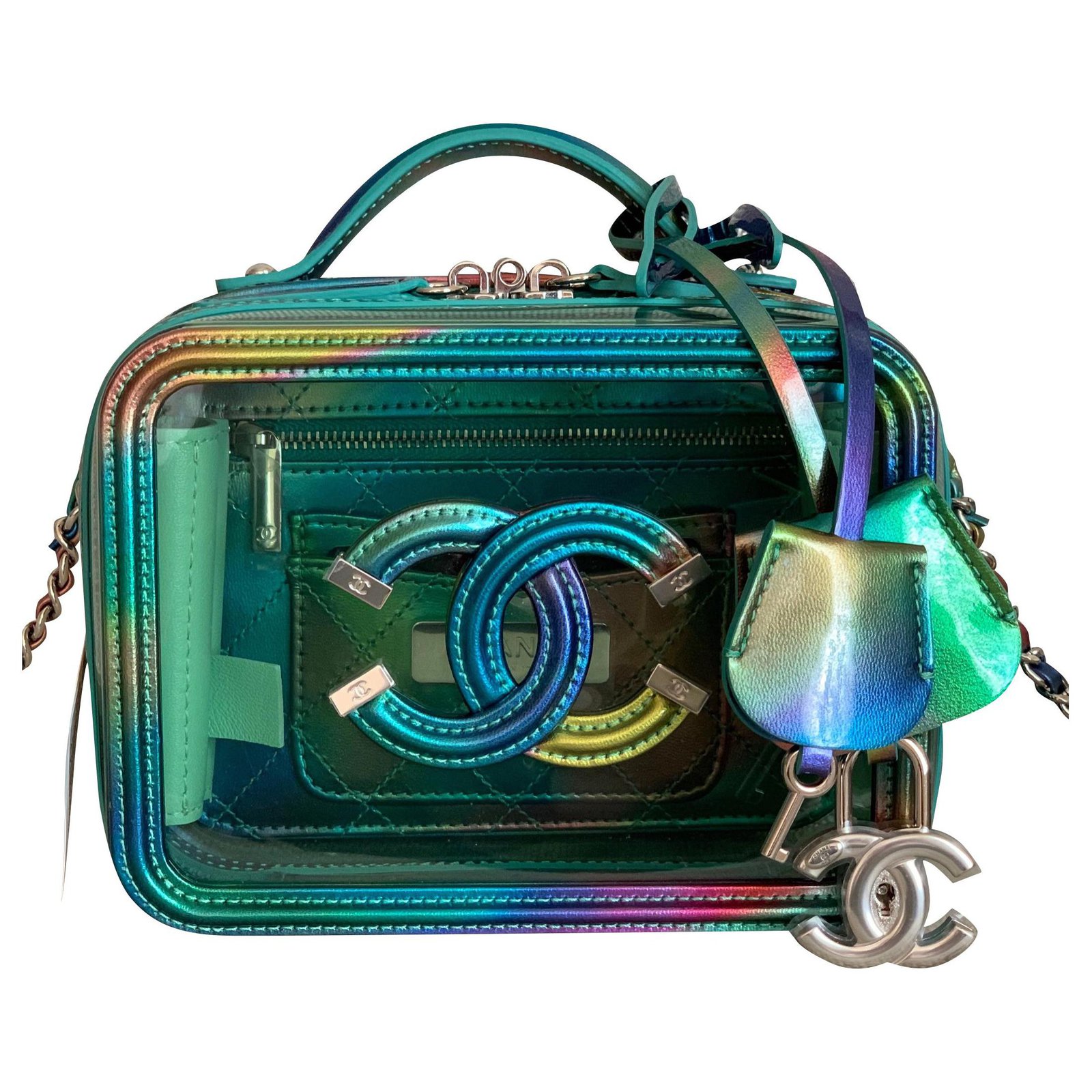 Handbags Chanel Small Green PVC Vanity Case with Rainbow Patent Leather